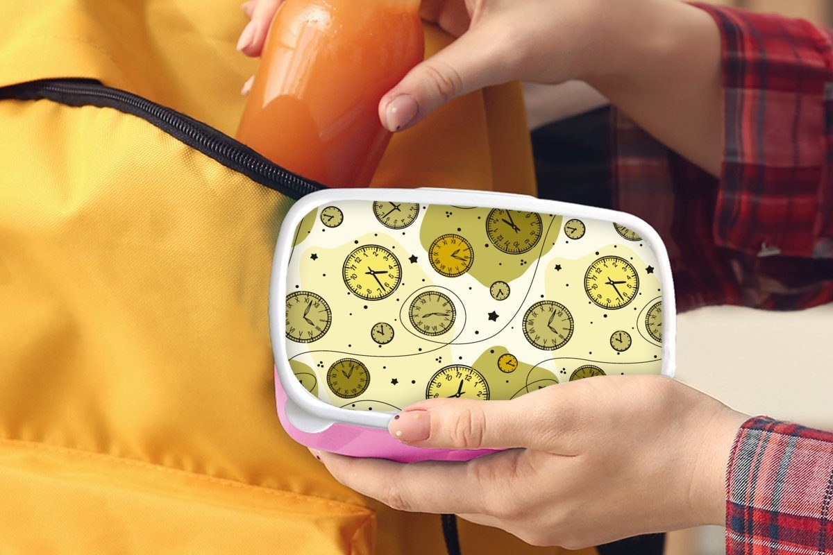 rosa Erwachsene, Polka dots, Uhr Brotbox Mädchen, - Snackbox, - Muster Kinder, Kunststoff MuchoWow Retro Lunchbox Brotdose (2-tlg), für Kunststoff, -