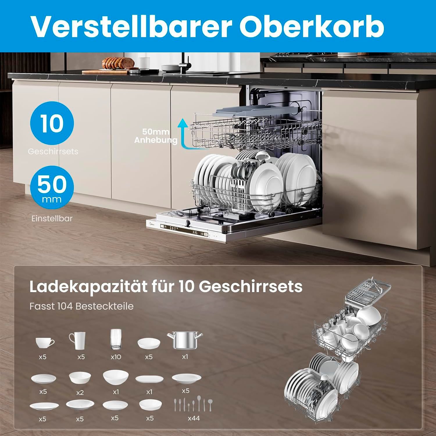 Midea vollintegrierbarer Geschirrspüler SV 5.14K10C, 10 Maßgedecke, automatische Türöffnung