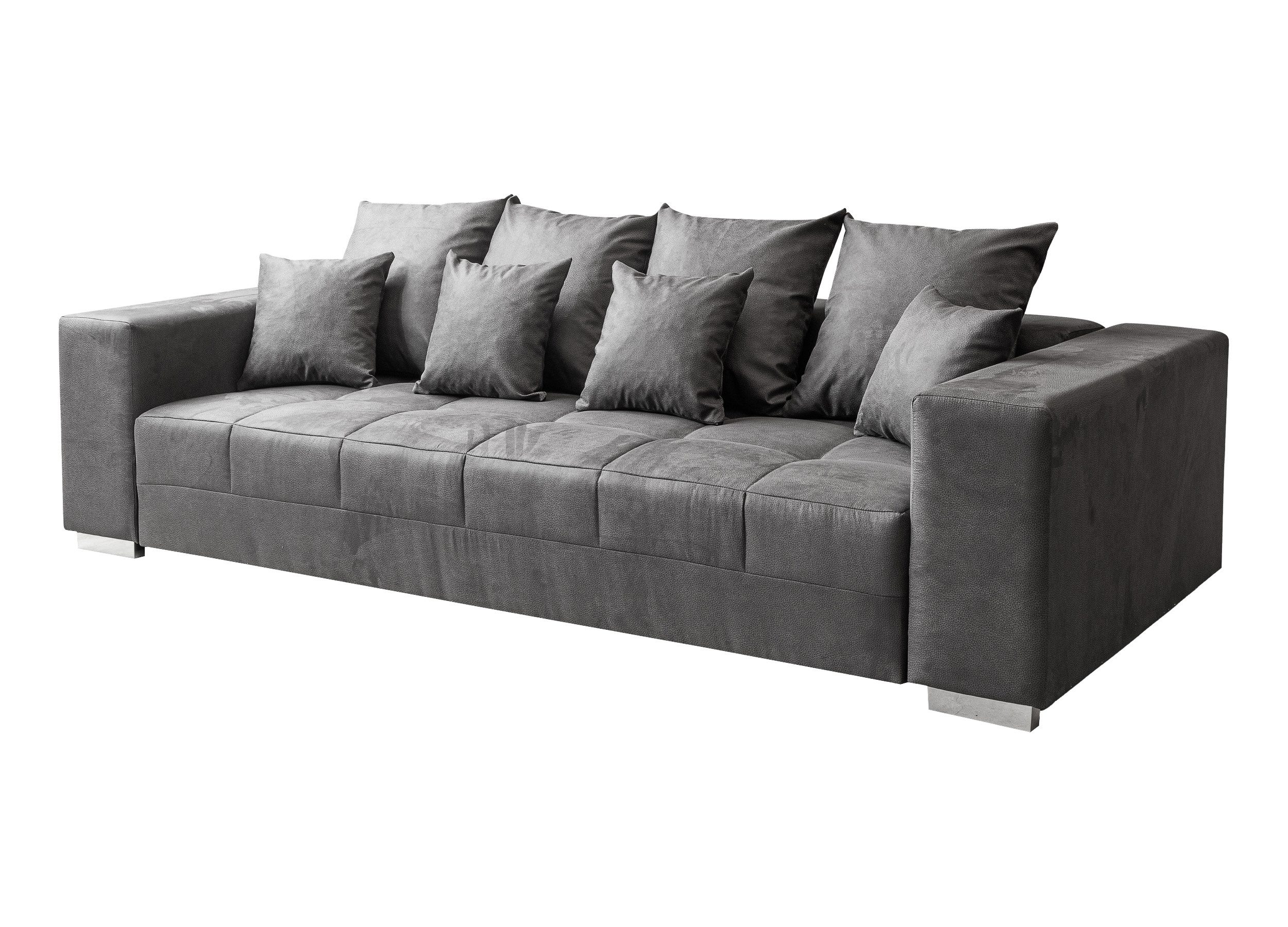 Massivart® Big-Sofa Big-Sofa Vintage Stoff grau 254 cm / Nosagfederung / 4-Sitzer / BORNEO, Rücken echt / inklusive 4 Kissen