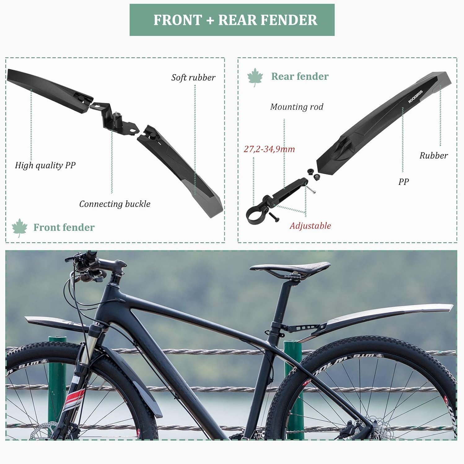 ROCKBROS Schutzblech Fahrrad Schutzblech Set 26 27,5 28 Zoll (2 St), Spritzschutz Hinten und Vorne aus PP + Gummi Mountainbikes