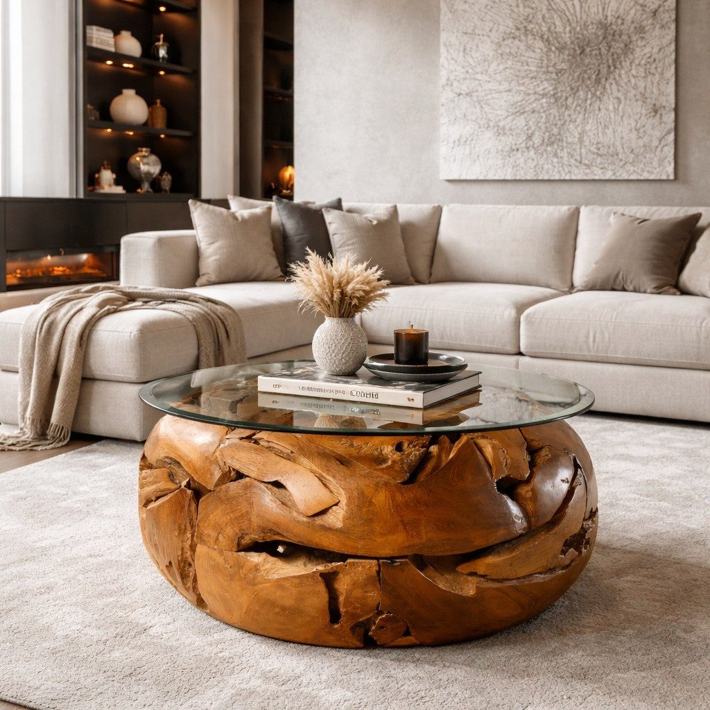 Bambus-Lounge Couchtisch Sofatisch Elements mit Glasplatte aus Teakholz Wohnzimmertisch