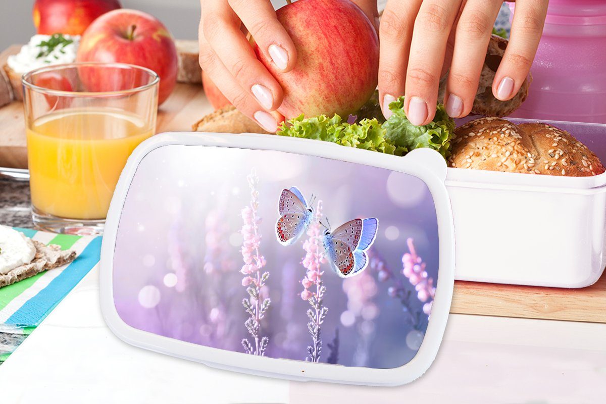 Lunchbox (2-tlg), weiß - MuchoWow für Kinder Kunststoff, - und und - Jungs Brotbox Mädchen Schmetterling für Brotdose, Blumen Lila, Erwachsene, Lavendel