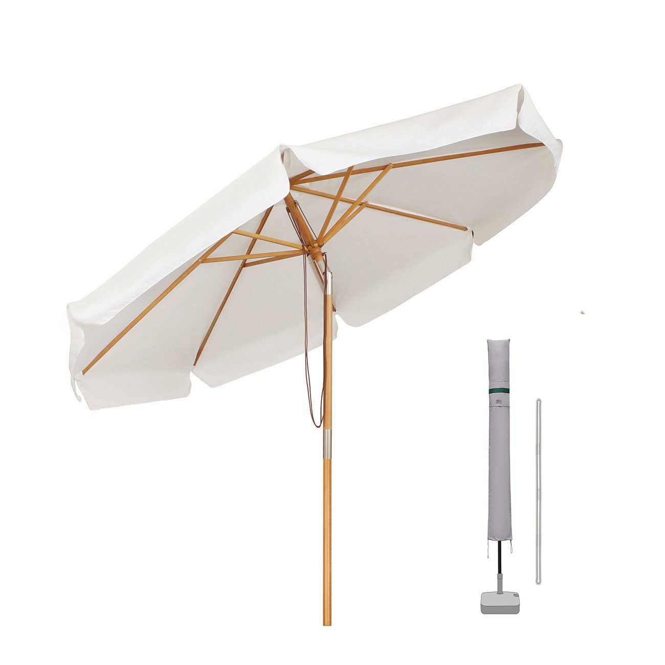 Sekey Sonnenschirm Ø 300 cm Sonnenschirm Holz Gartenschirm Knickbar, Sonnenschutz UPF 50+, LxB: 300,00x300,00 cm, Runder Terrassenschirm mit Volant