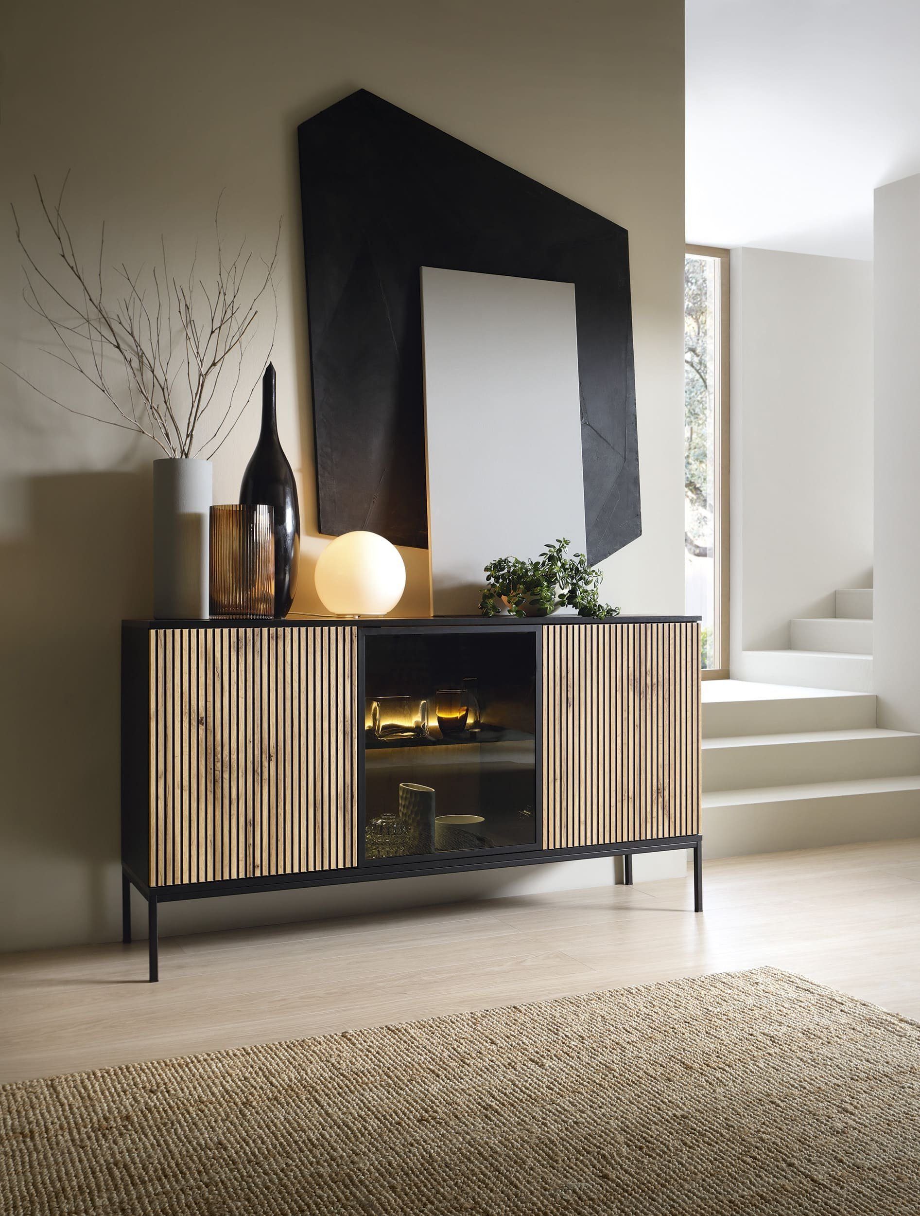 MOEBLO Sideboard Sentino S154 LED (Sideboard Wohnzimmer Kommode Schlafzimmer Komodenschrank Highboard, mit gefräster Front und LED-Beleuchtung), (HxBxT):83x154x39 cm