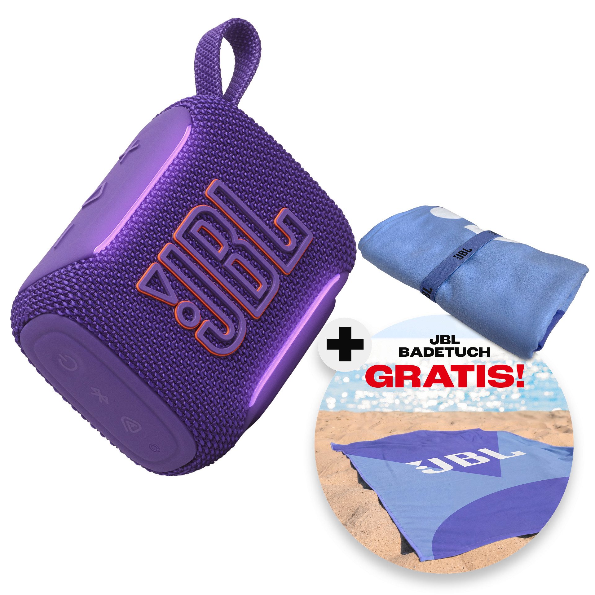 JBL Set: GO 5 + Strandtuch Bluetooth-Lautsprecher (A2DP Bluetooth, Bluetooth, AVRCP Bluetooth, 4,8 W, Kompakter, wasserdichter und stoßfester Lautsprecher mit Strandtuch)