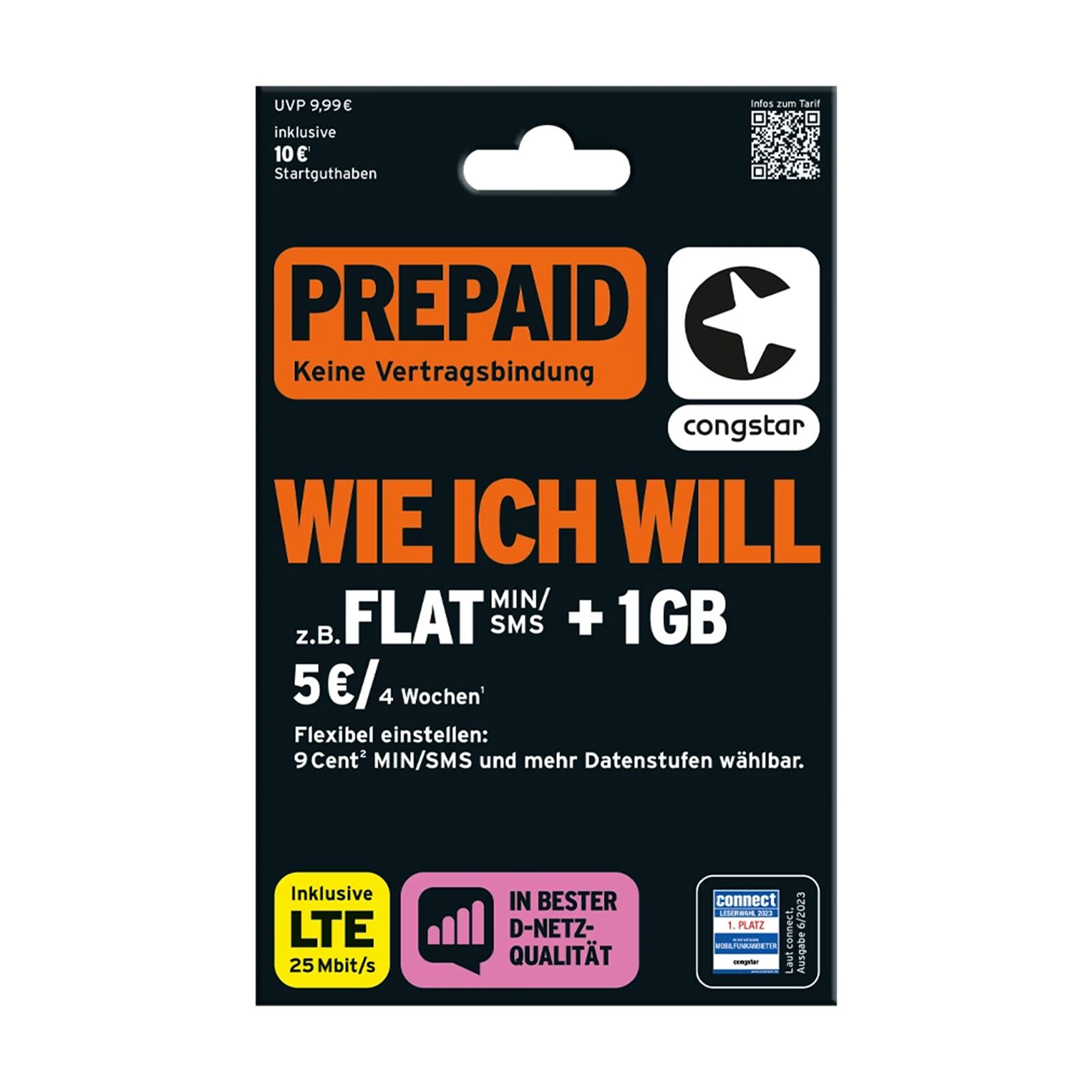 Congstar Prepaid wie ich will, SIM-Karte ohne Vertrag, LTE mit 25 Mbit/s Prepaidkarte, (Telefonie & SMS Flat, EU-Roaming inkl)