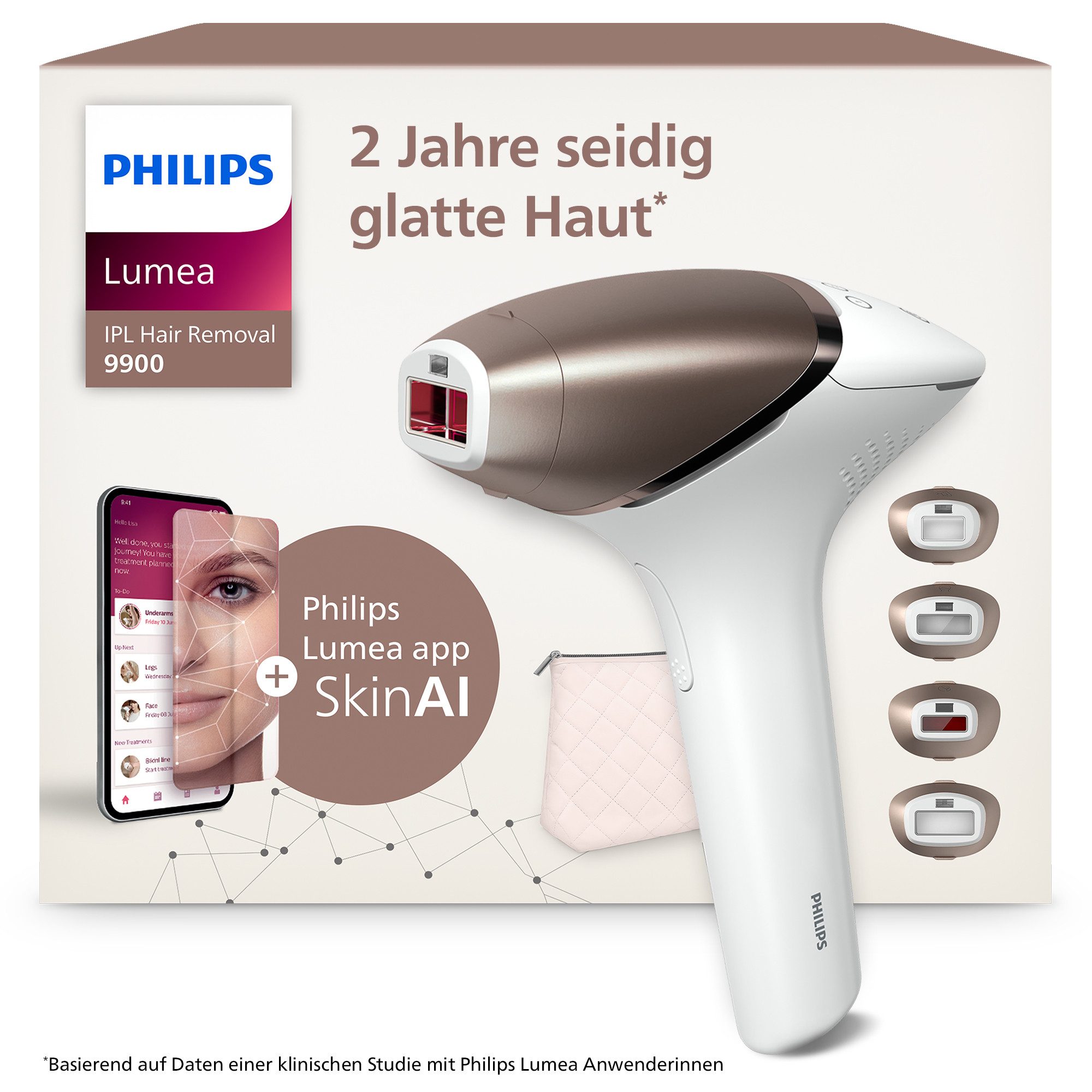 Philips IPL-Haarentferner Philips Lumea Series 9900 BRI951/01, 450.000 Lichtimpulse, 4 Aufsätze (Achseln, Bikinizone, Körper, Gesicht), 2 SkinAI Funktionen