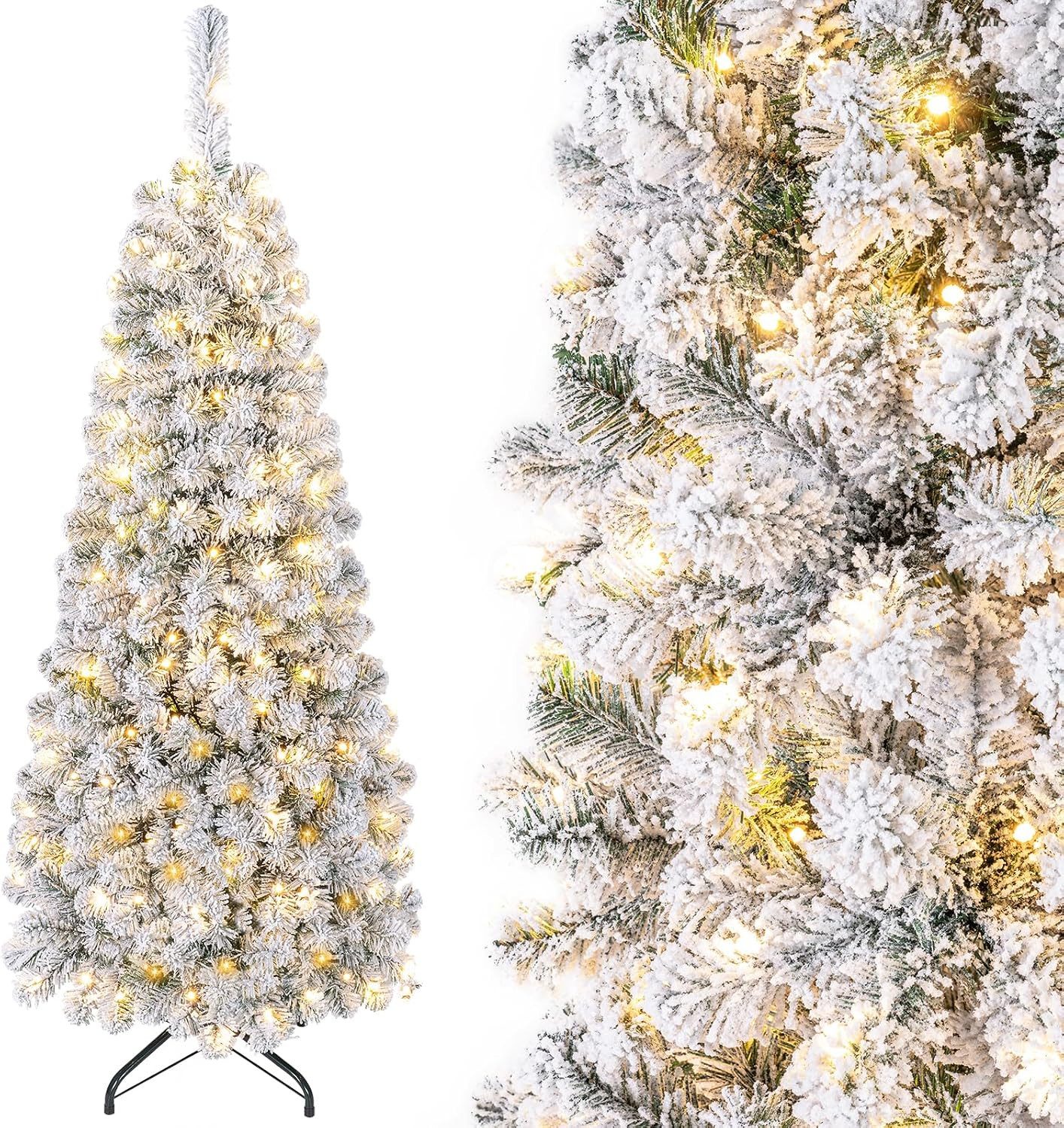 COSTWAY Künstlicher Weihnachtsbaum schmal mit Beleuchtung und Schnee, 135cm, 150 warmweiße LEDs, 242 PVC Nadeln