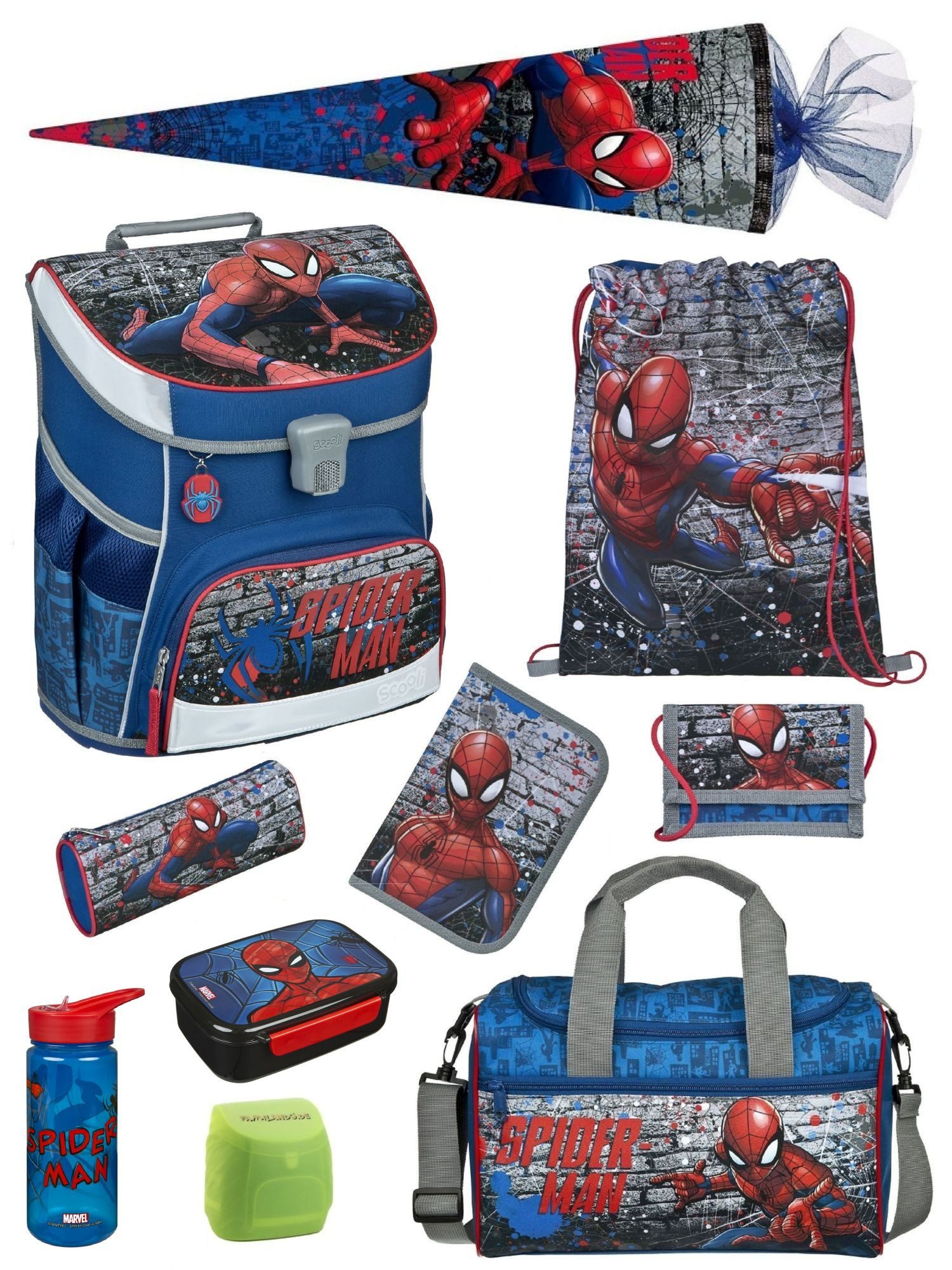 Scooli Schulranzen Campus Fit Spiderman Schultasche ab der 1. Klasse (Komplett-Set, 10-tlg., mit Lunch-Set, Sporttasche und Schultüte 85cm), mit Brustgurt, 980 Gramm leicht, 18L Volumen