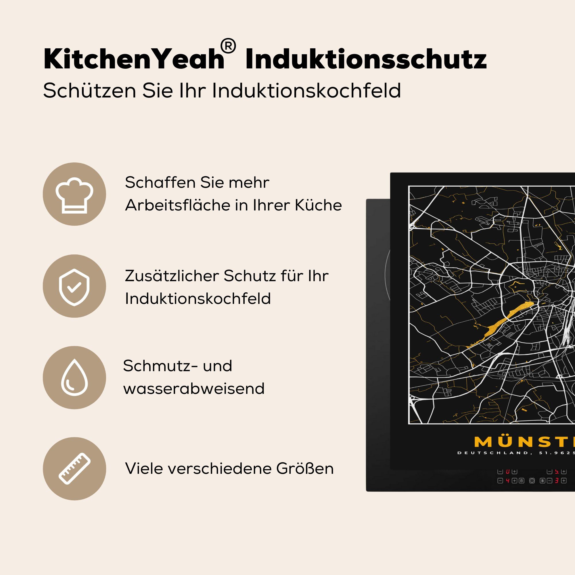 Stadtplan cm, 78x78 Ceranfeldabdeckung, - - MuchoWow Gold, küche - Herdblende-/Abdeckplatte - (1 tlg), Münster Deutschland Karte Arbeitsplatte Vinyl, für