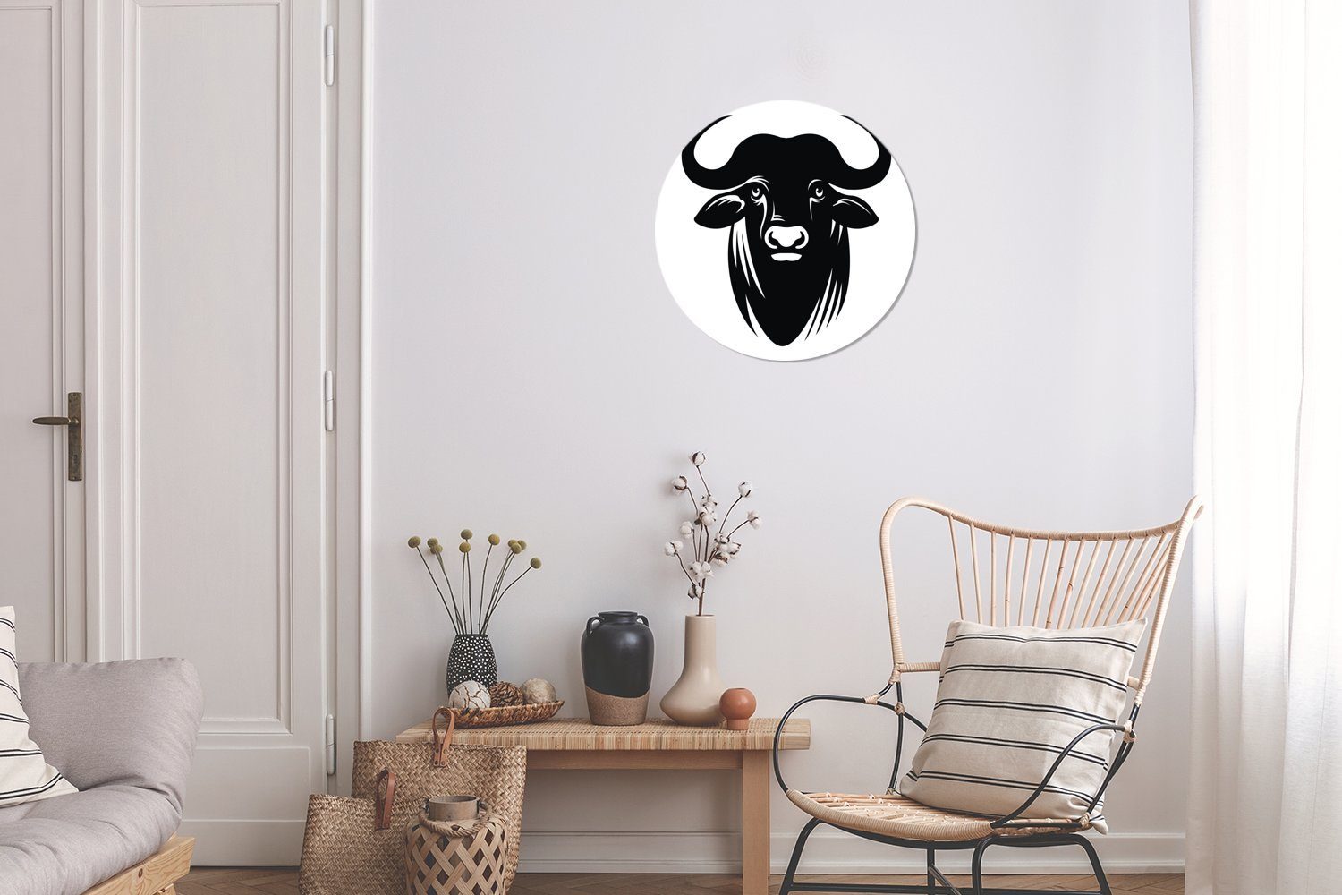 MuchoWow Wandsticker Schwarz-Weiß-Abbildung des Kopfes Wasserbüffels Kinderzimmer, Tapetenkreis Rund, St), für eines (1 Tapetenaufkleber, Wohnzimmer