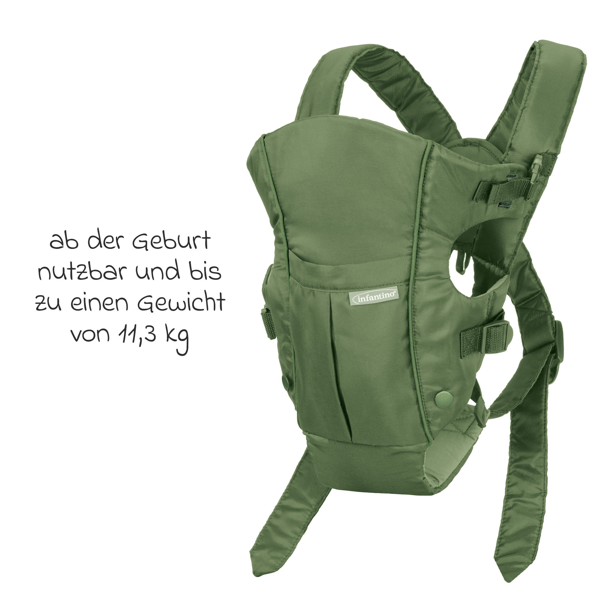 Infantino BKids Babytrage Swift Classic - Olive, Baby Bauchtrage ab Geburt von 3,6 - 11,3 kg 2 Tragepositionen