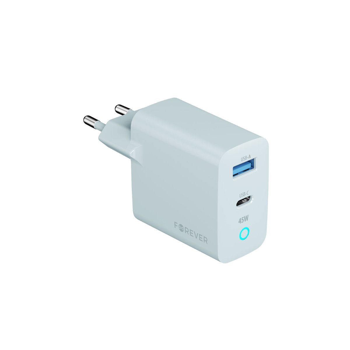 Forever Forever Vibe-TC45AC GaN PD QC Ladegerät 1x USB-C 1x USB 45W silber Smartphone-Ladegerät