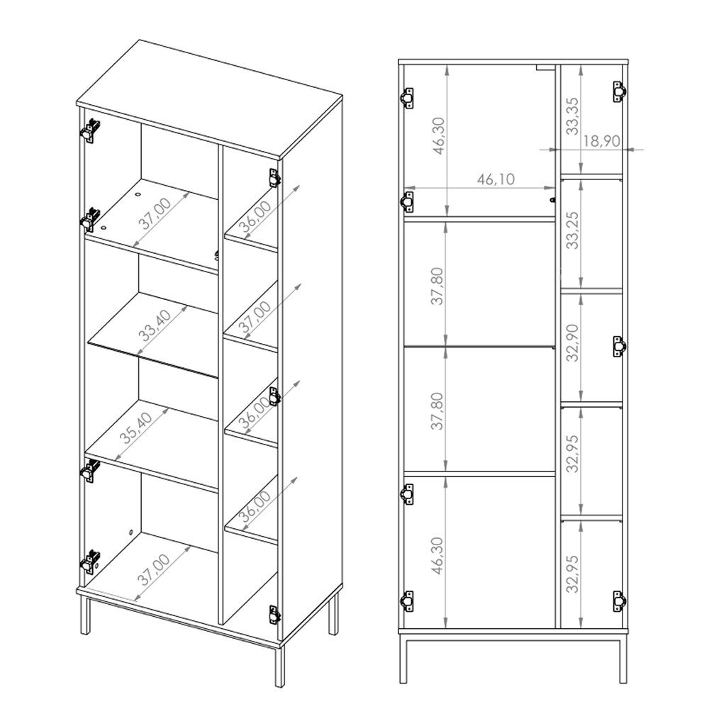 Lomadox Wohnwand PERIA-132, (7-St., in 7-tlg), inkl. Esche 7-teilig LED schwarz Nb. Glasbodenbeleuchtung