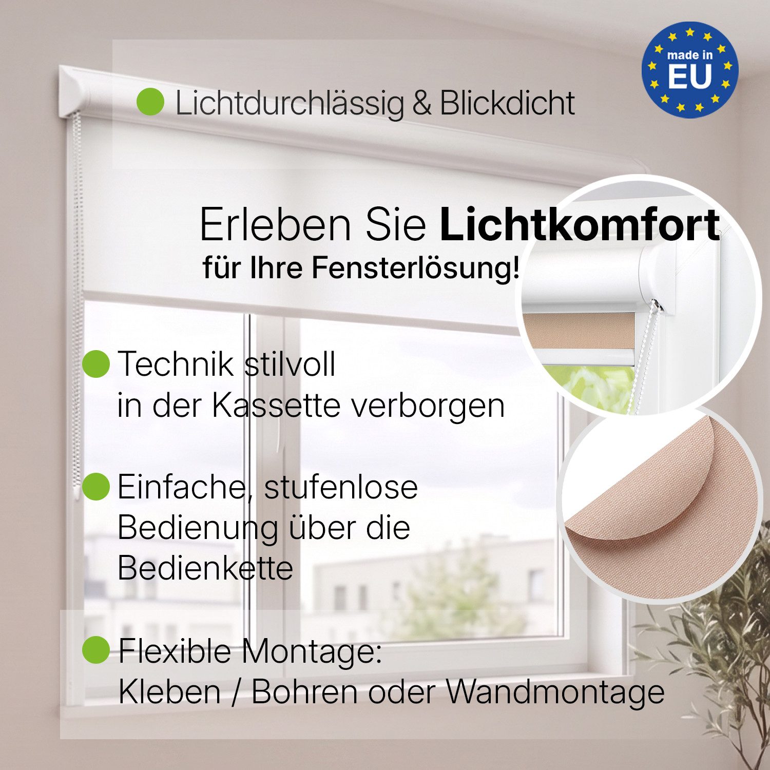 Rollo Premium Kassettenrollo mit Seitenschienen, Fensterrollo, DomDeco, blickdicht, ohne Bohren, durch Kleben oder Schrauben, Lichtdurchlässig, Rollo mit Seitenführung, Seitenzugrollo