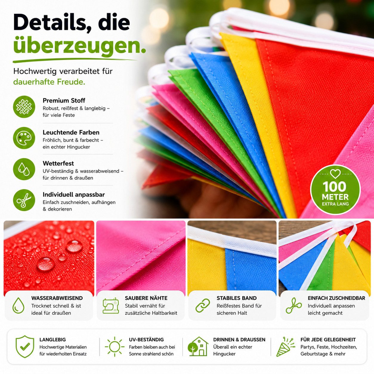GOTPARTY Wimpelkette Bunte Wimpelkette, 100 m Gesamtlänge, wiederverwendbare Partygirlande – Bild 3 von 5