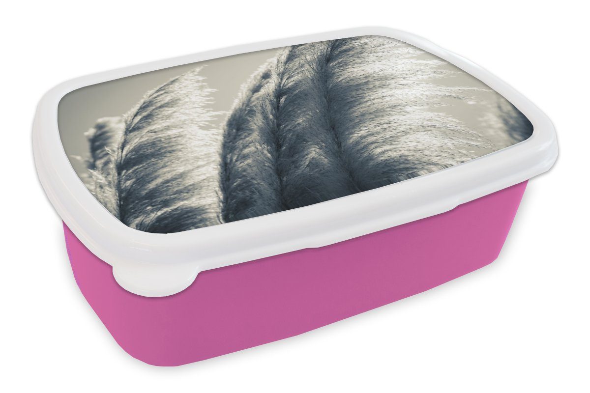 Kunststoff Weiß Brotdose Lunchbox - MuchoWow Mädchen, Brotbox (2-tlg), Erwachsene, Natur, - Pampasgras rosa Schwarz für Snackbox, Kunststoff, - Kinder,