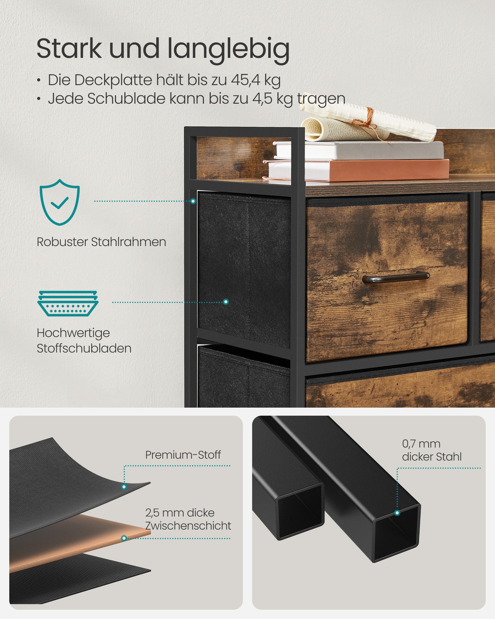 SONGMICS Kommode Schrank Schlafzimmer, Stahlrahmen, Sideboard, Aufbewahrungsschrank 5 Stoffschubladen mit Griffen – Bild 4 von 5