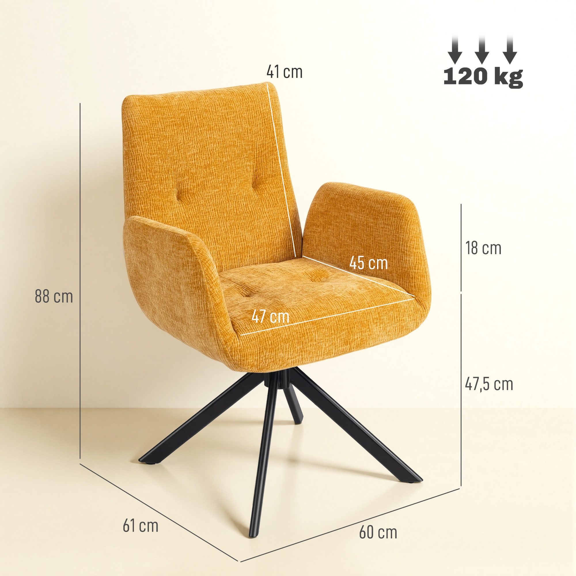HOMCOM Relaxsessel Sessel Drehbar mit Armlehne, Wolle-Leinenoptik (Polsterstuhl, 1-St., Loungesessel), für Wohnzimmer, Schlafzimmer, Gelb