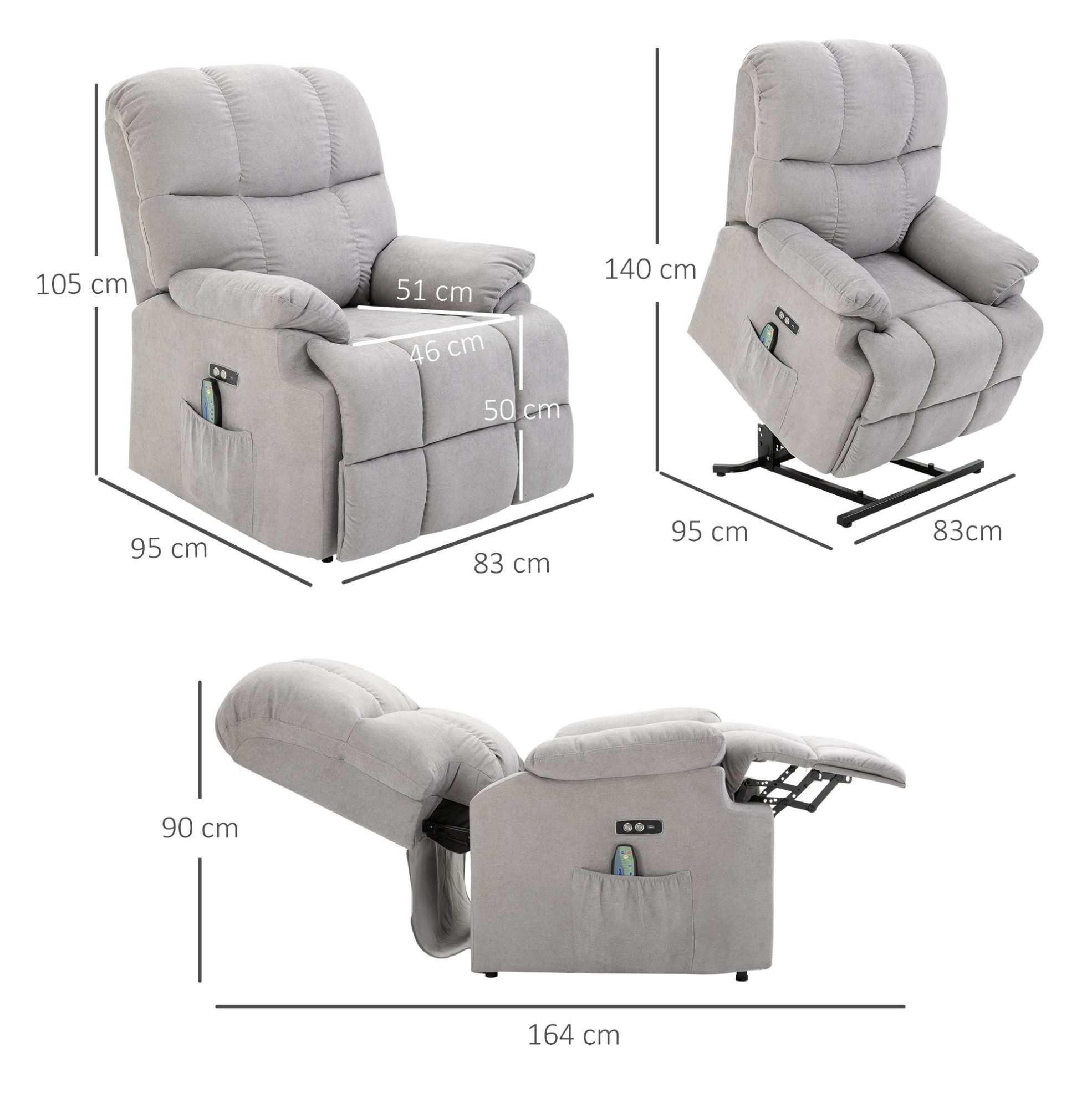 REDOM Massagesessel Sessel mit Aufstehhilfe, verstellbar, USB, grau (Packung, 1-St., Wärmefunktion, verstellbarer Winkel, USB, Fernbedienung), Kurzplüsch Grau 83 x 95 x 105 cm, Wohnzimmer Sessel