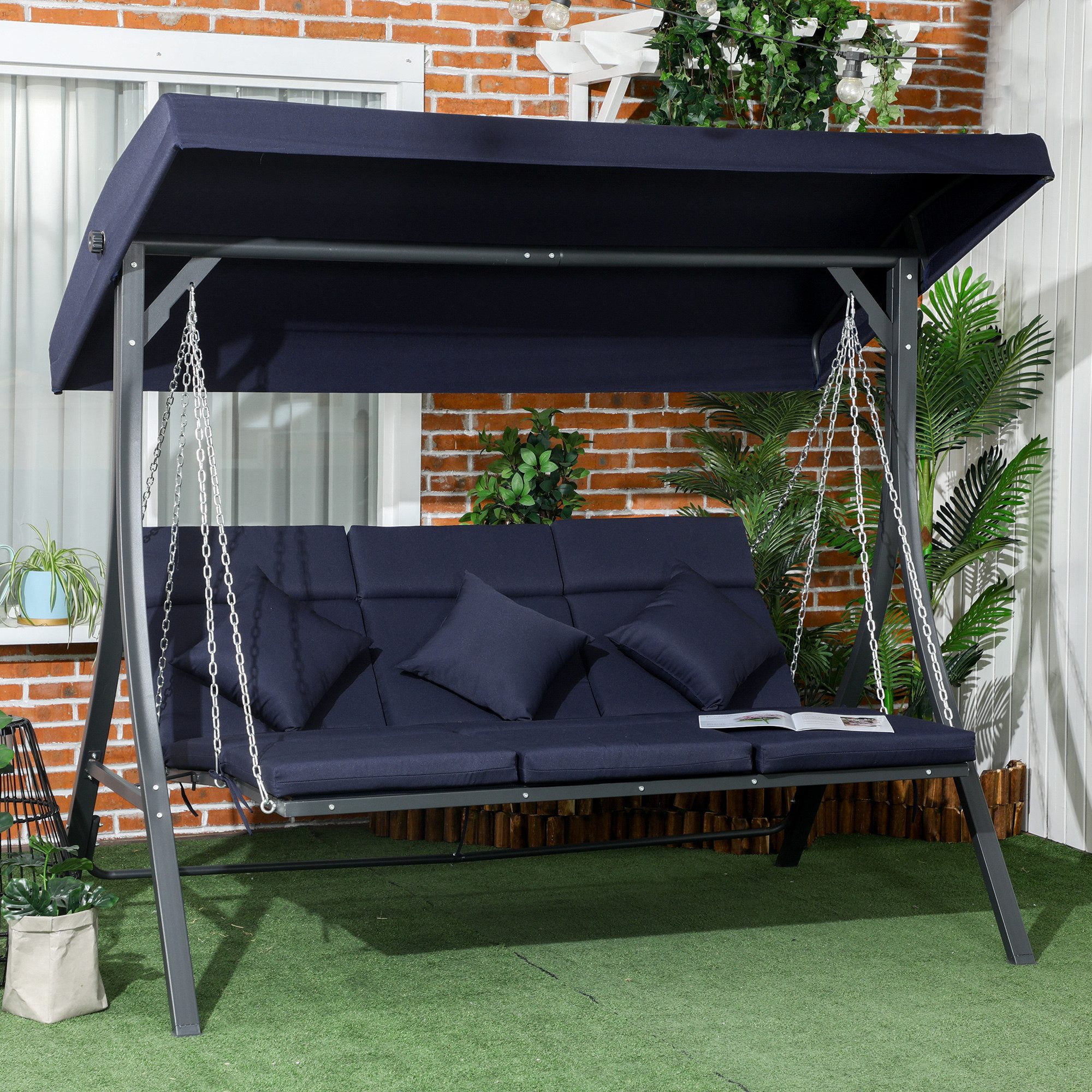 Outsunny Hollywoodschaukel Schaukelbank, Gartenschaukel mit Kissen, 270 kg Belastbar, 3-Sitzer, Verstellbares Dach, Schaukelstuhl, 1 tlg., Schaukelbank, für Garten, Balkon, Dunkelblau