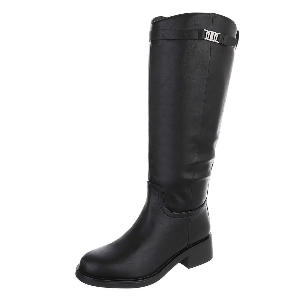 Ital-Design Damen Langschaftstiefel mit Blockabsatz und Zierriemen Stiefel (92497586) Blockabsatz Flache Stiefel in Schwarz
