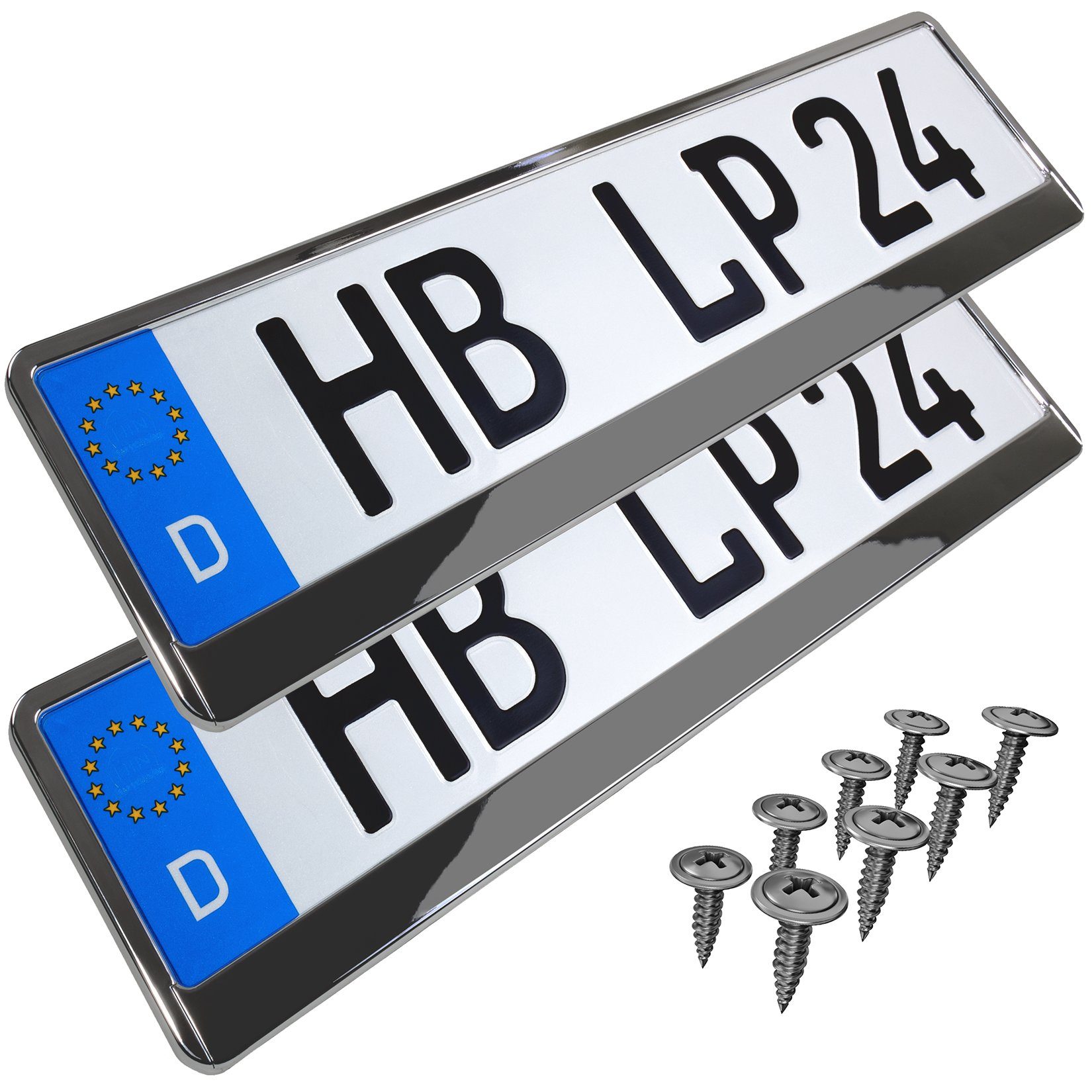 L & P Car Design Kennzeichenhalter für Auto Chrom Vollchrom Kennzeichenhalterung Nummernschild, (2 Stück), Vollchrom