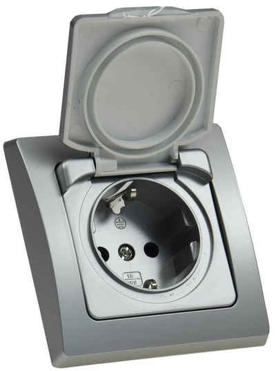ChiliTec Schalter DELPHI Steckdose Unterputz IP44 Feuchtraum-Steckdose mit Schutz-Deckel Gummidichtung für Küche Bad Terrasse Balkon Grau Silber