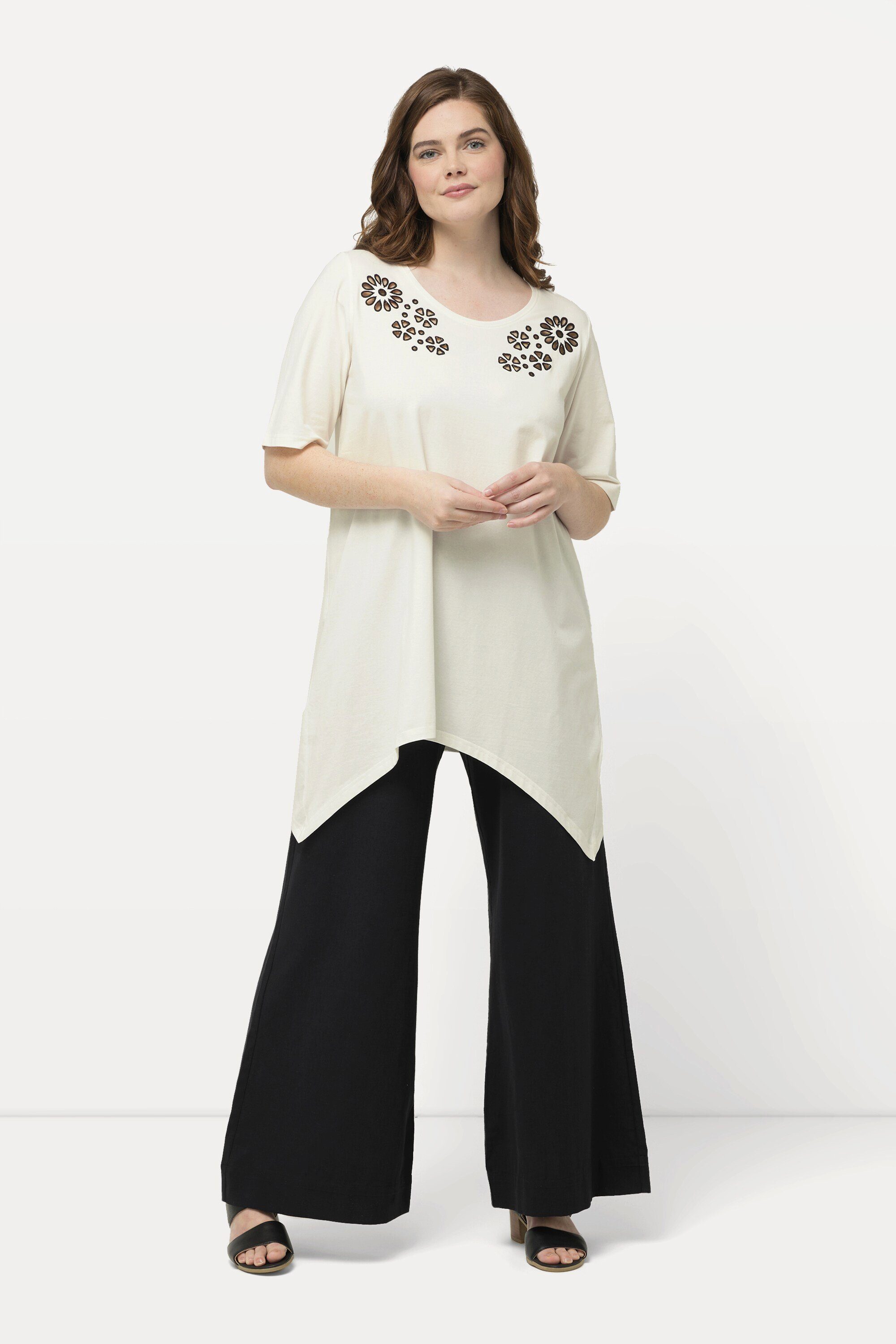 Ulla Popken Longshirt T-Shirt Lochstickerei Rundhals günstig online kaufen