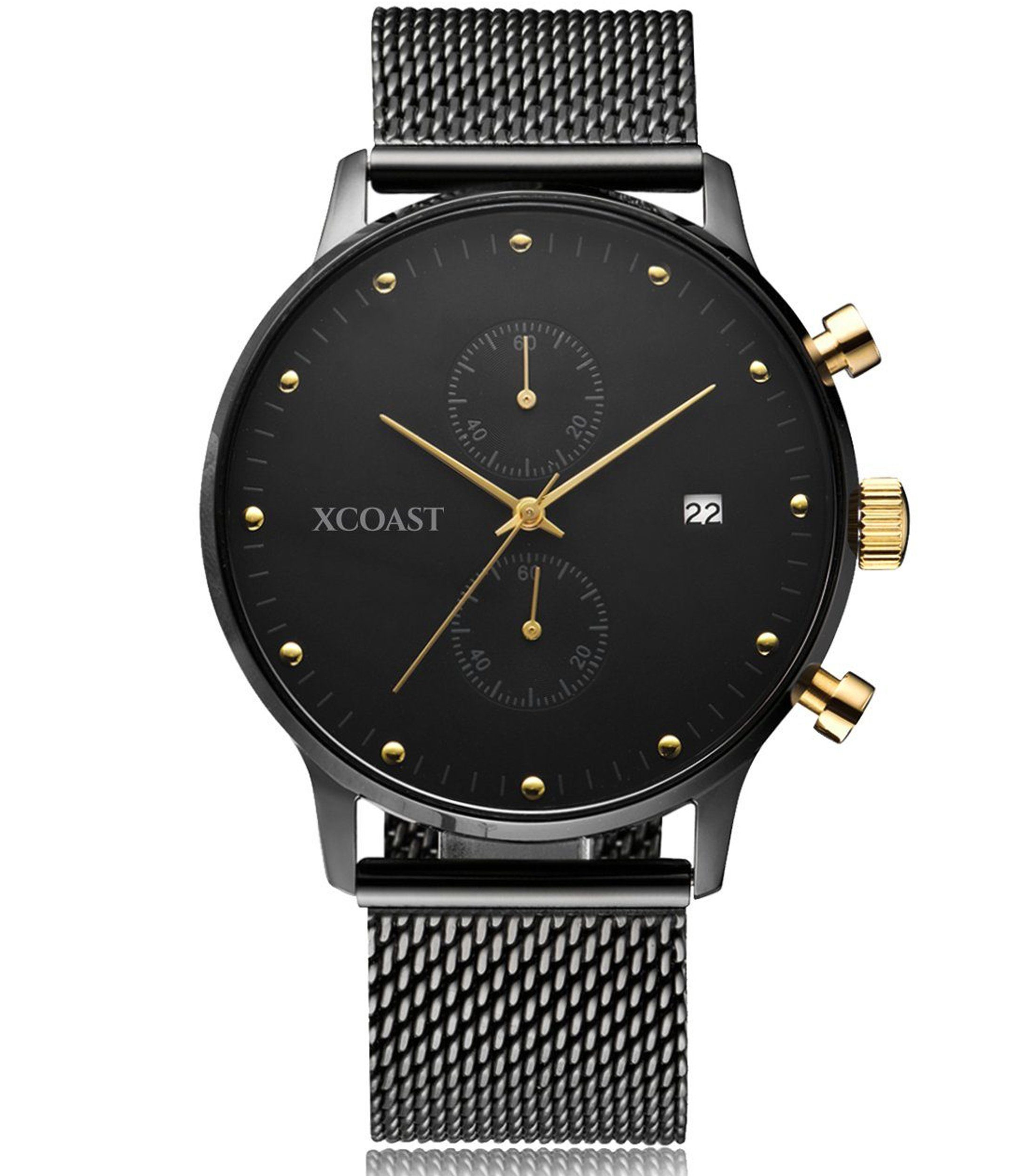 XCOAST Quarzuhr 570205 STORMBREAKER Black, Eleganter Chronograph mit Edelstahl Mesh-Armband « Chronograph, Herren Chronograph « Quartz Uhr mit Metallarmband « Chronograph Uhr Herren « Businessuhr Analog Japanisches Quarzuhrwerk«, Datumsanzeige