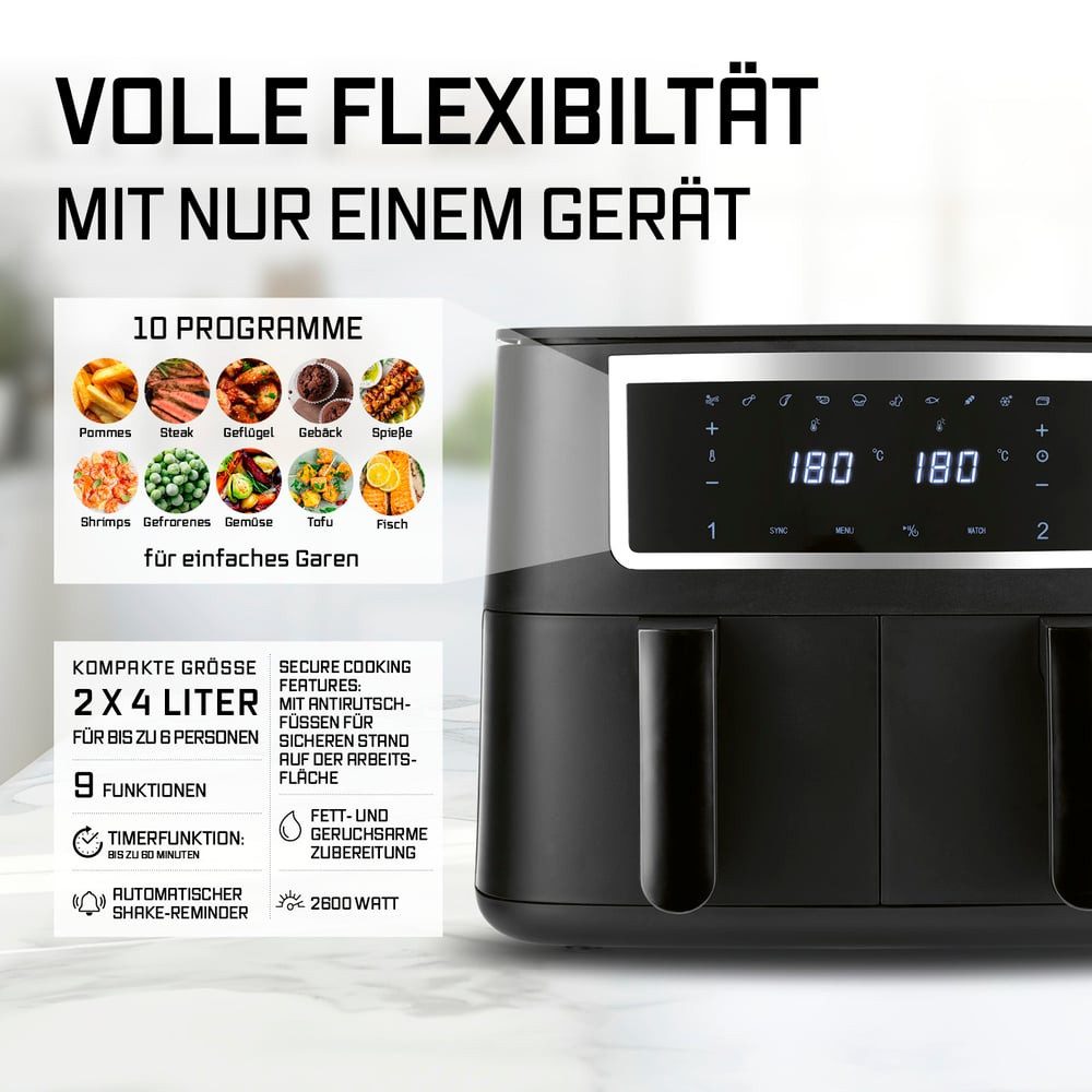 GOURMETmaxx Heißluftfritteuse Doppelkammer 2 x 4 L, Synchro-Garzonen Airfryer, 2600 W, Fritteuse mit Touchscreen,  2 Kammern & 10 Programmen