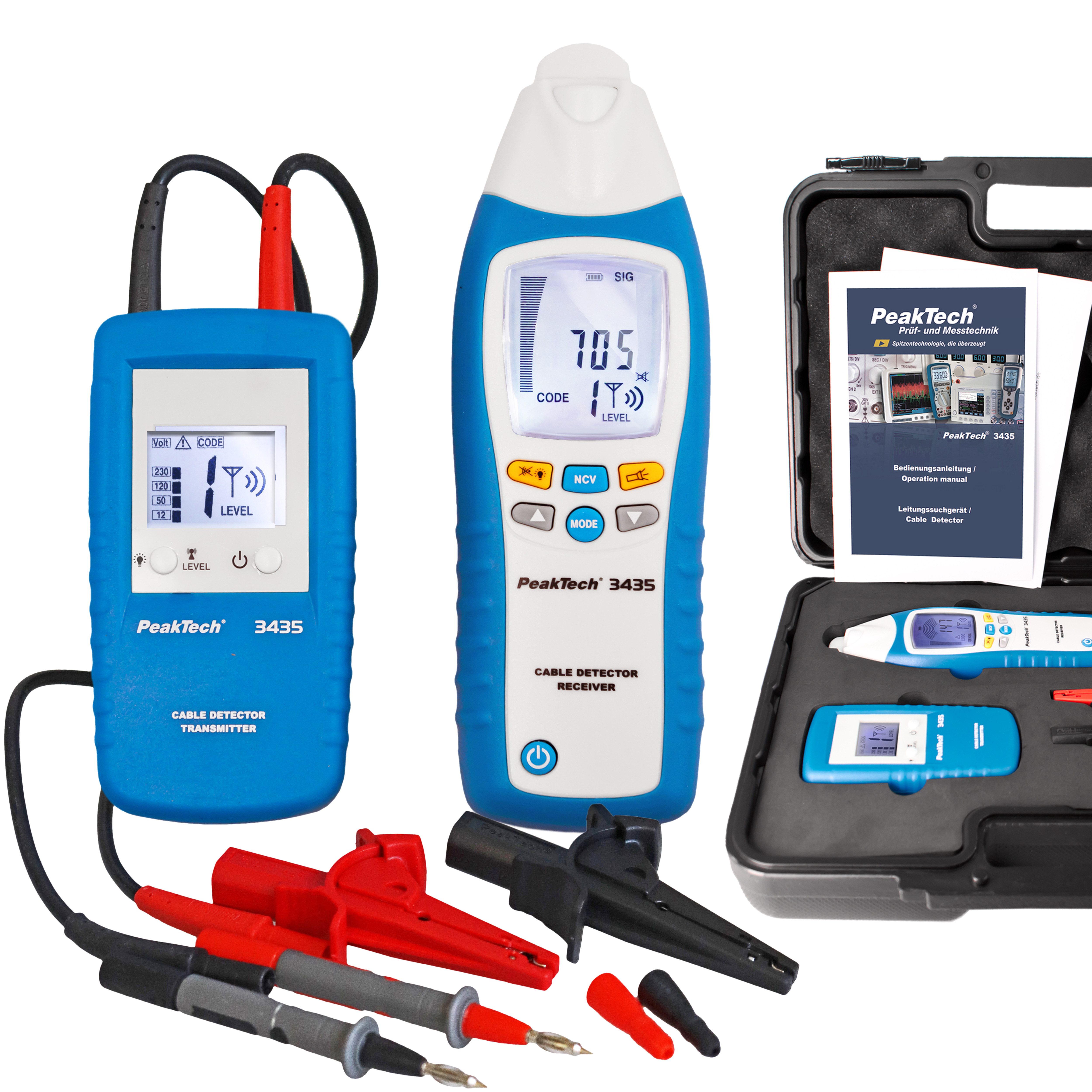 PeakTech Leitungsortungsgerät Leitungssucher Sender & Empfänger 2 m, NCV, Wände