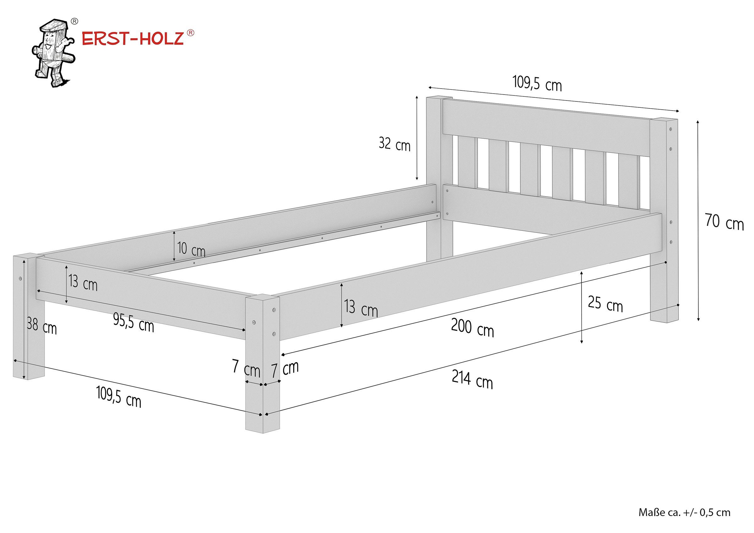 Holzbett 100x200 Rost, Bett massiv Weißes Kieferwaschweiß mit ERST-HOLZ Kiefer