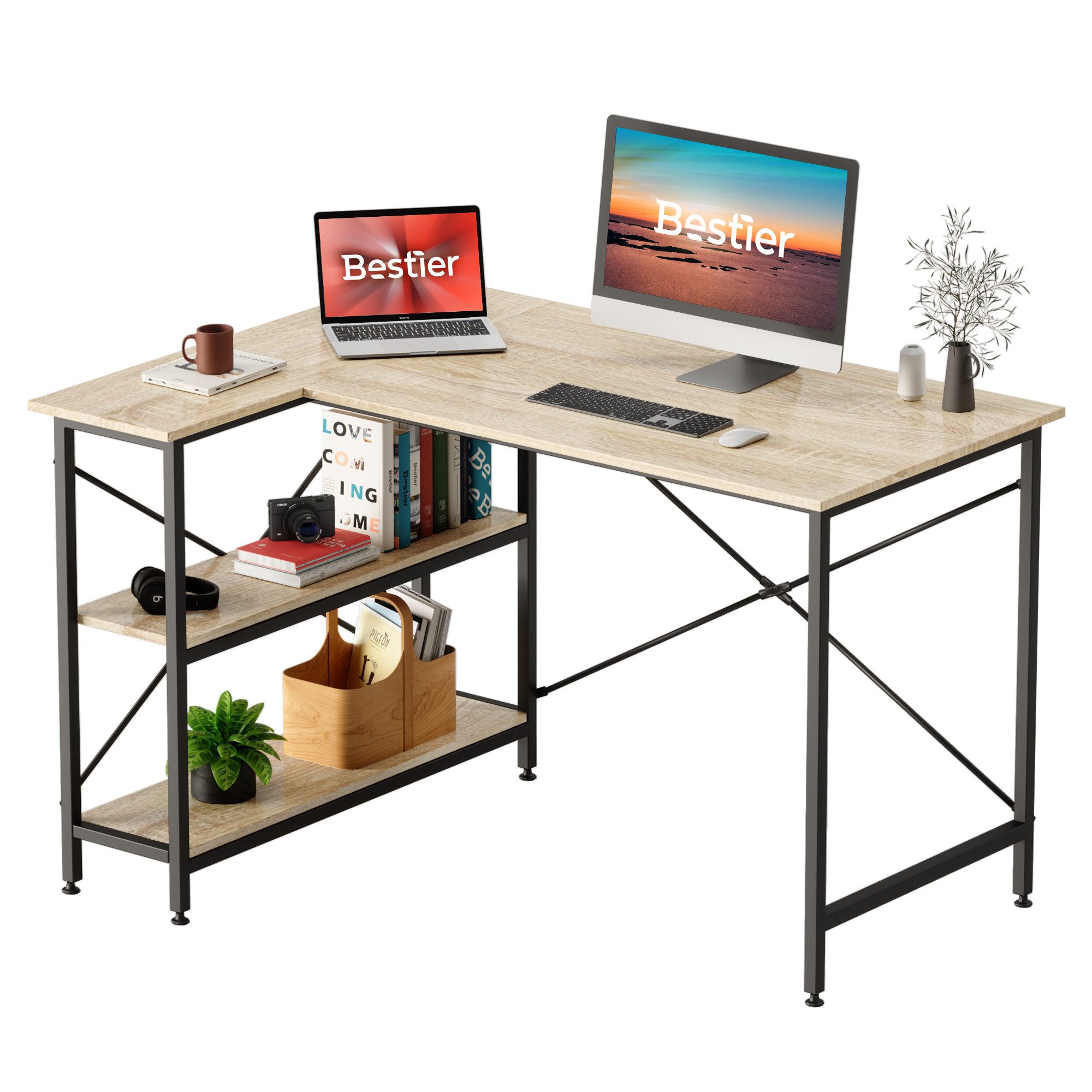 Eckschreibtisch L-förm Schreibtisch, 120/140cm Computertisch mit 2 Ablagen