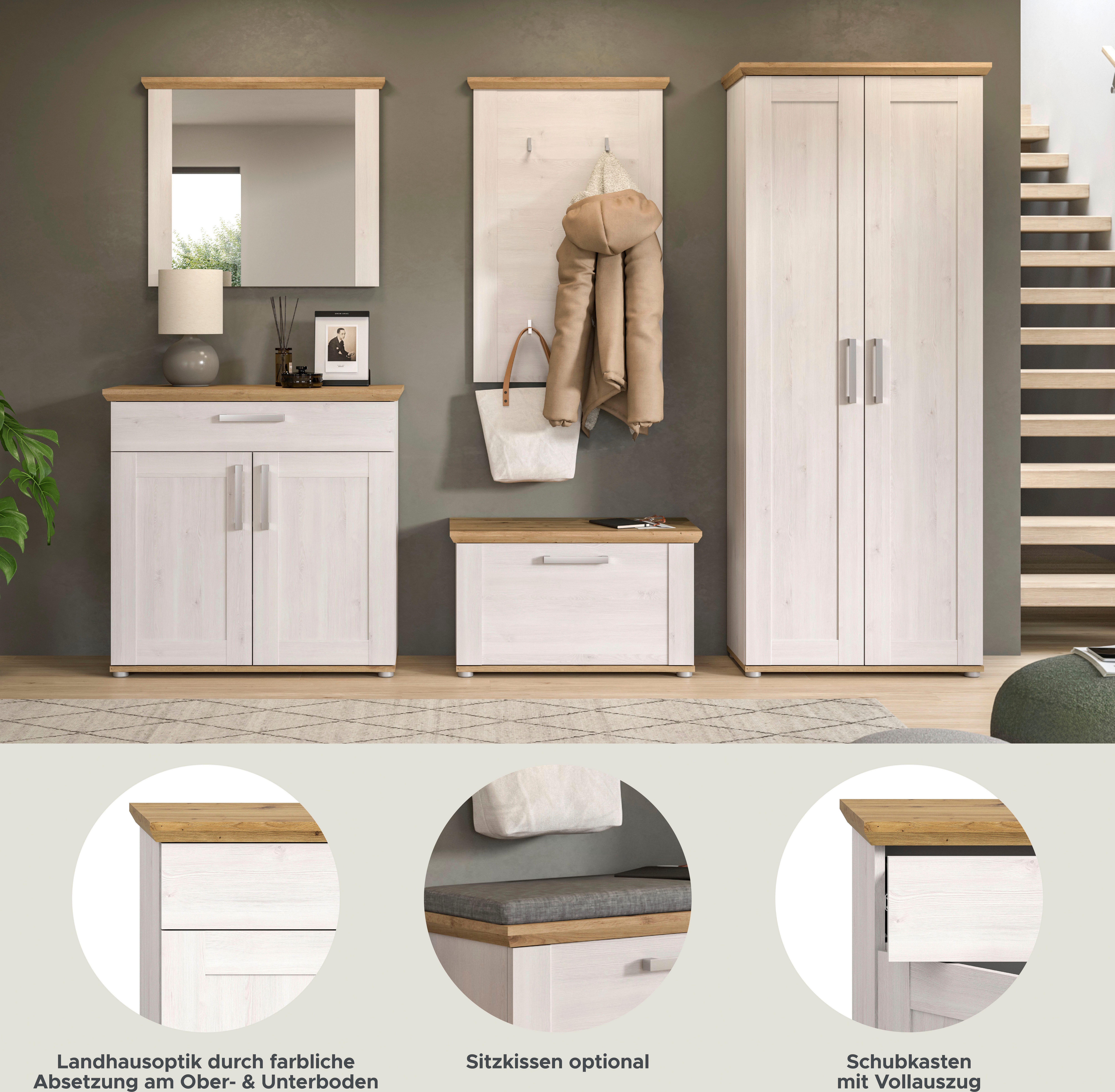 Home affaire Garderoben-Set COSENZA, TOPSELLER!, Breite ca. 285 cm, 5-teilig, in Landhausoptik, (5-St., Garderobenschrank, Sitzbank, Garderobenpaneel, Schuhschrank, Spiegel), Garderobenkombination, Kombination, Diele, Garderobe, Garderobenmöbel