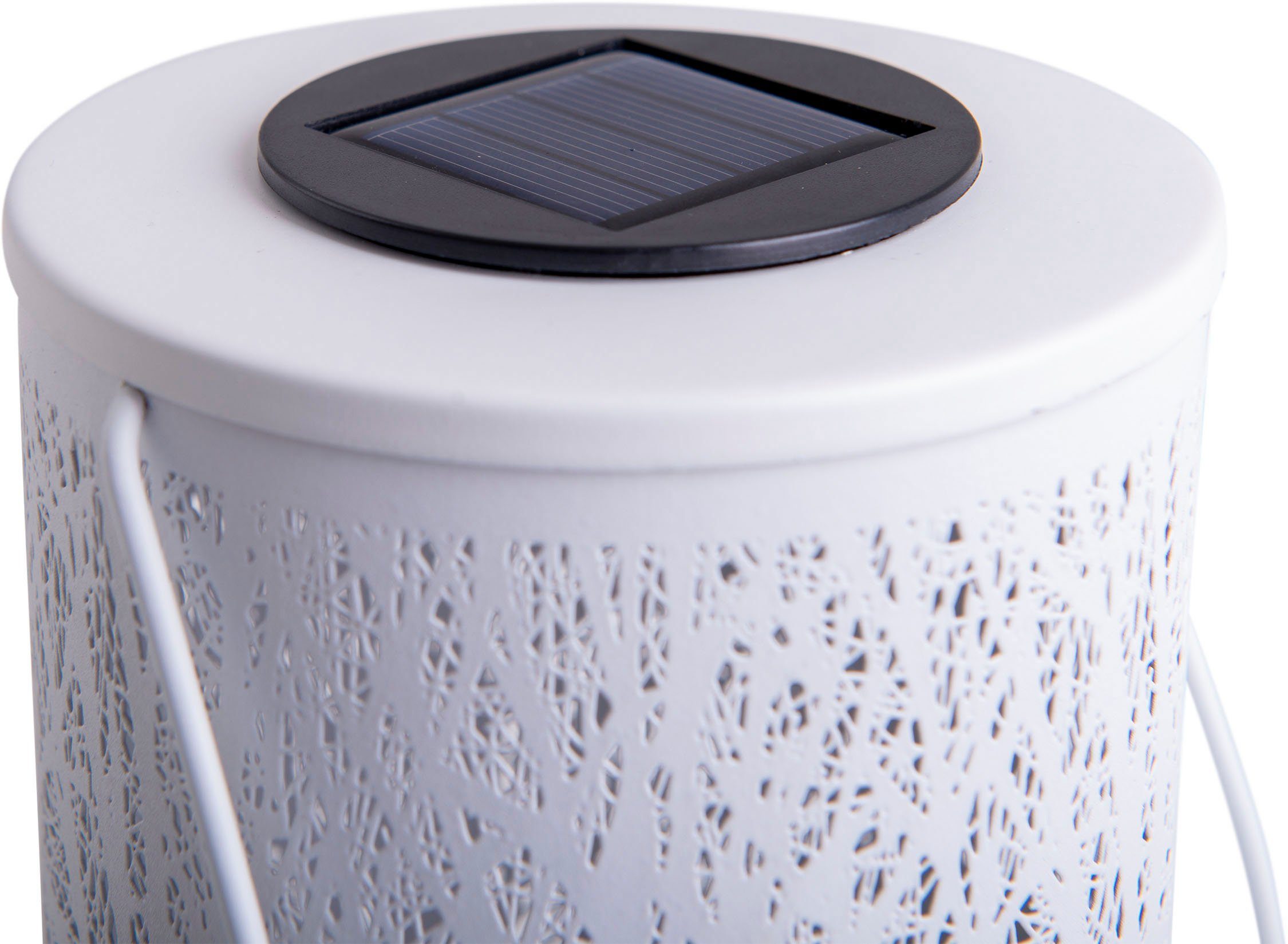 näve LED Solarleuchte Wald, LED fest integriert, Warmweiß, rund D: 12cm, H: 20cm, weiß, Waldmotiv, warmweißes Licht, Akku, Griff