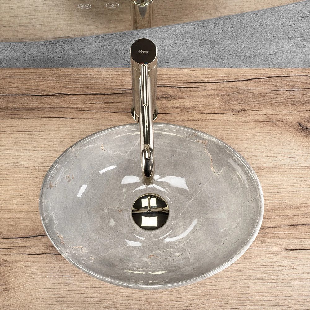 wohnwerk.idee Aufsatzwaschbecken Waschtisch Keramik Waschbecken Marmoroptik GästeWC/Gästebad Mini Beige – Bild 4 von 5