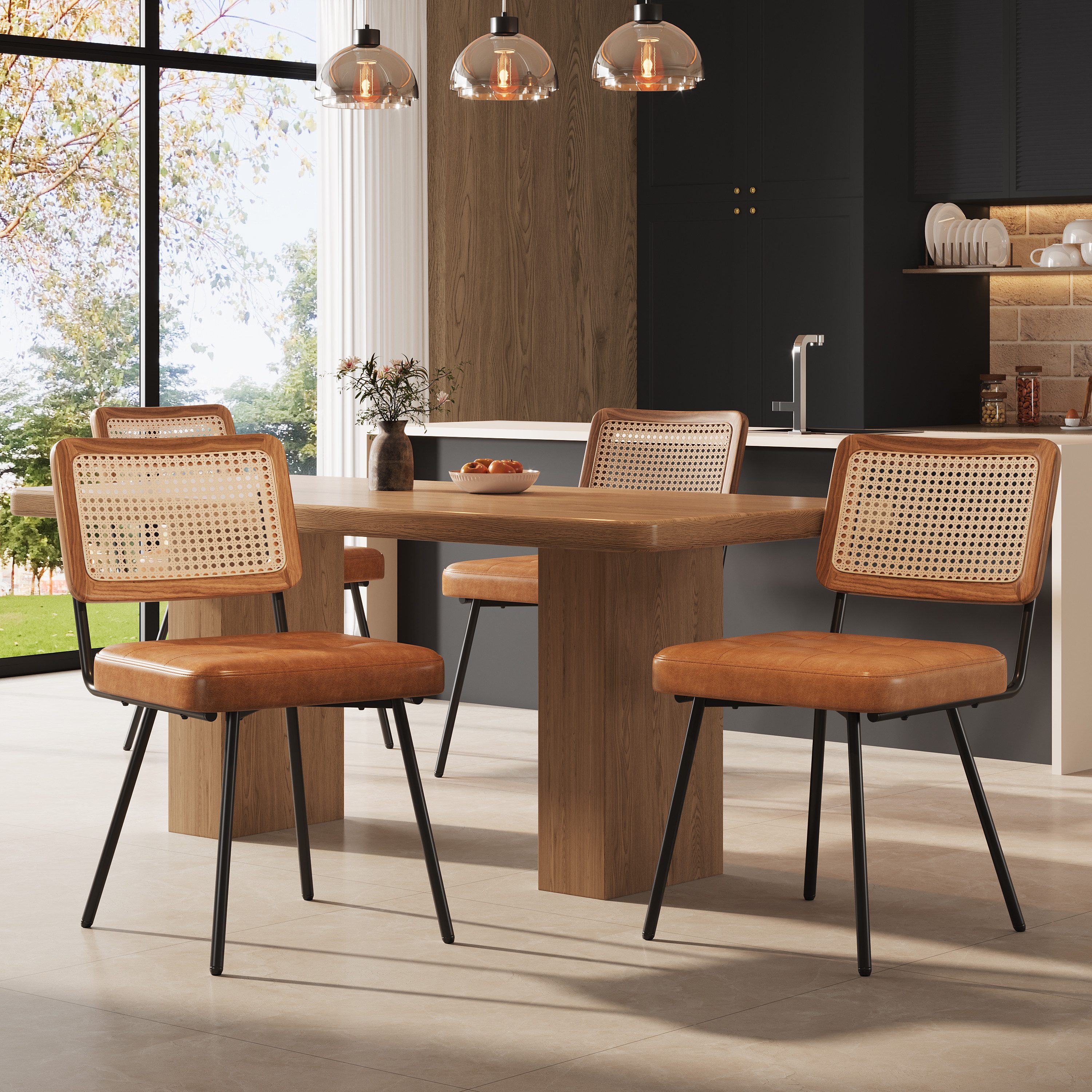 Flieks Esszimmerstuhl (Set, 4 St), 4er Set Rattanstühle Polsterstühle Wohnzimmer Kunstleder, Metallbeine