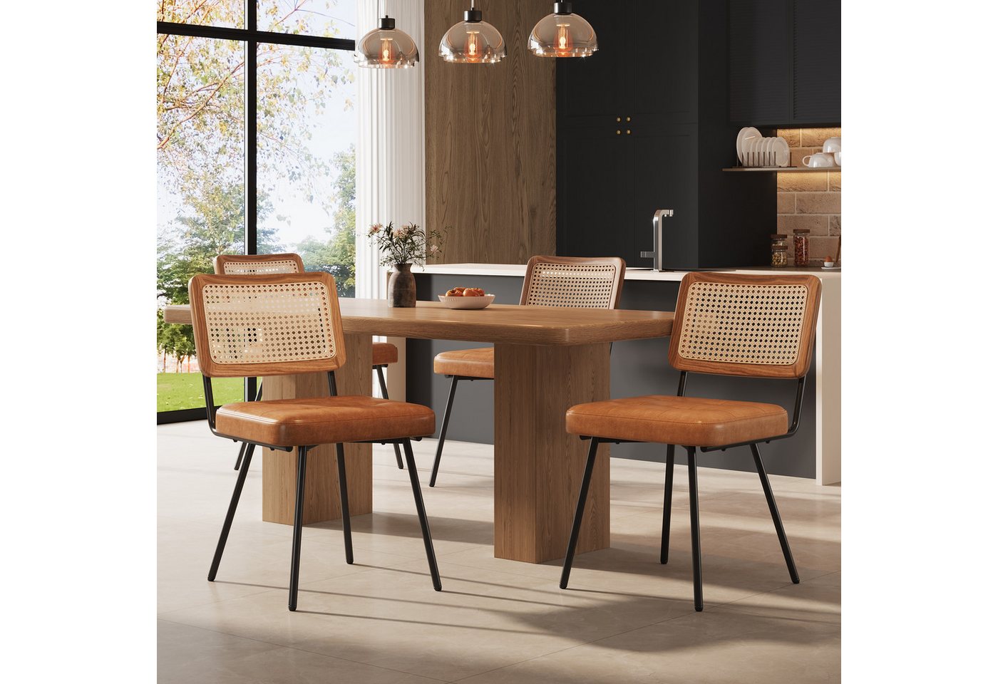 Flieks Esszimmerstuhl (Set, 4 St), 4er Set Rattanstühle Polsterstühle Wohnzimmer Kunstleder, Metallbeine