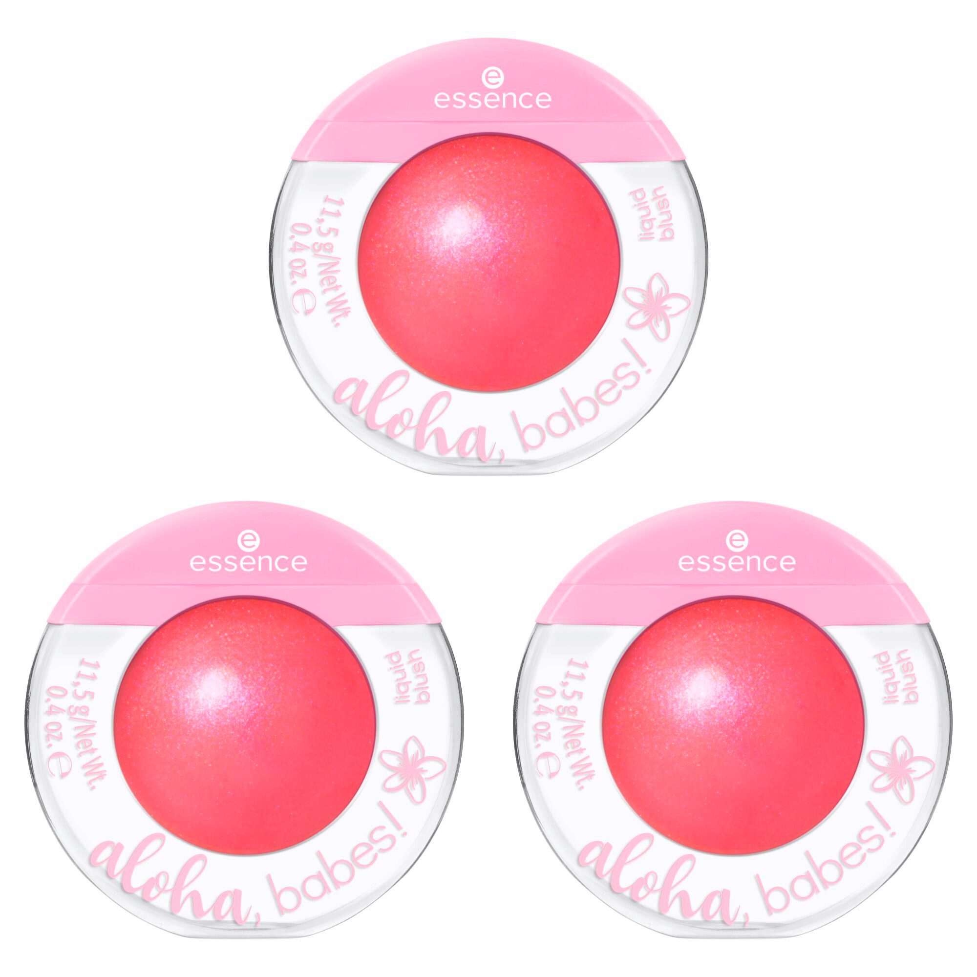 Essence Rouge aloha, babes! liquid blush, 3-tlg., Flüssig, mit metallischem Goldschimmer, variable Deckkraft, vegan.
