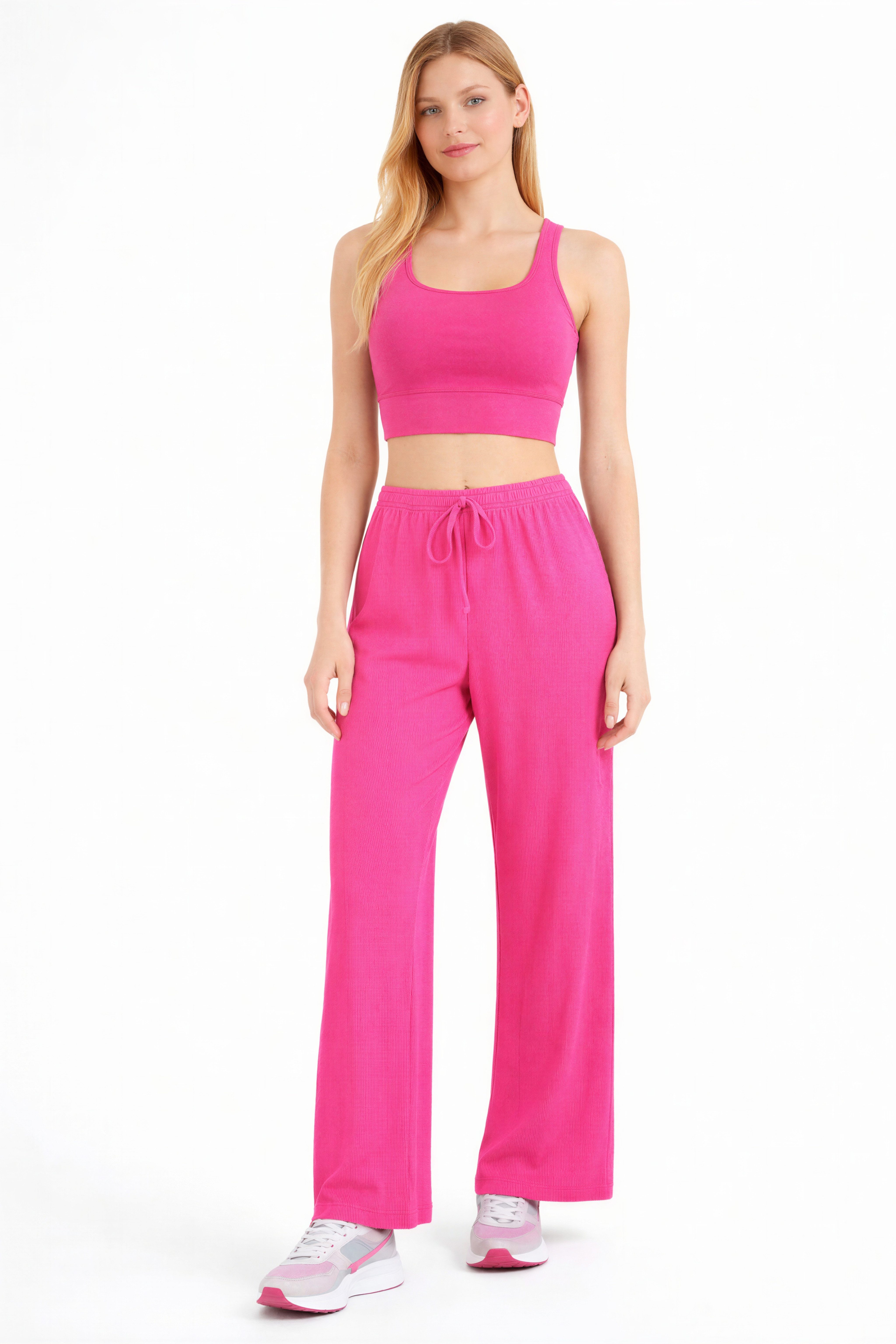 fashionshowcase Palazzohose Damen Crinkle Stoffhose elastischer Bund Tunnelzug weites Bein hoher Bund, elastischer Tunnelzug