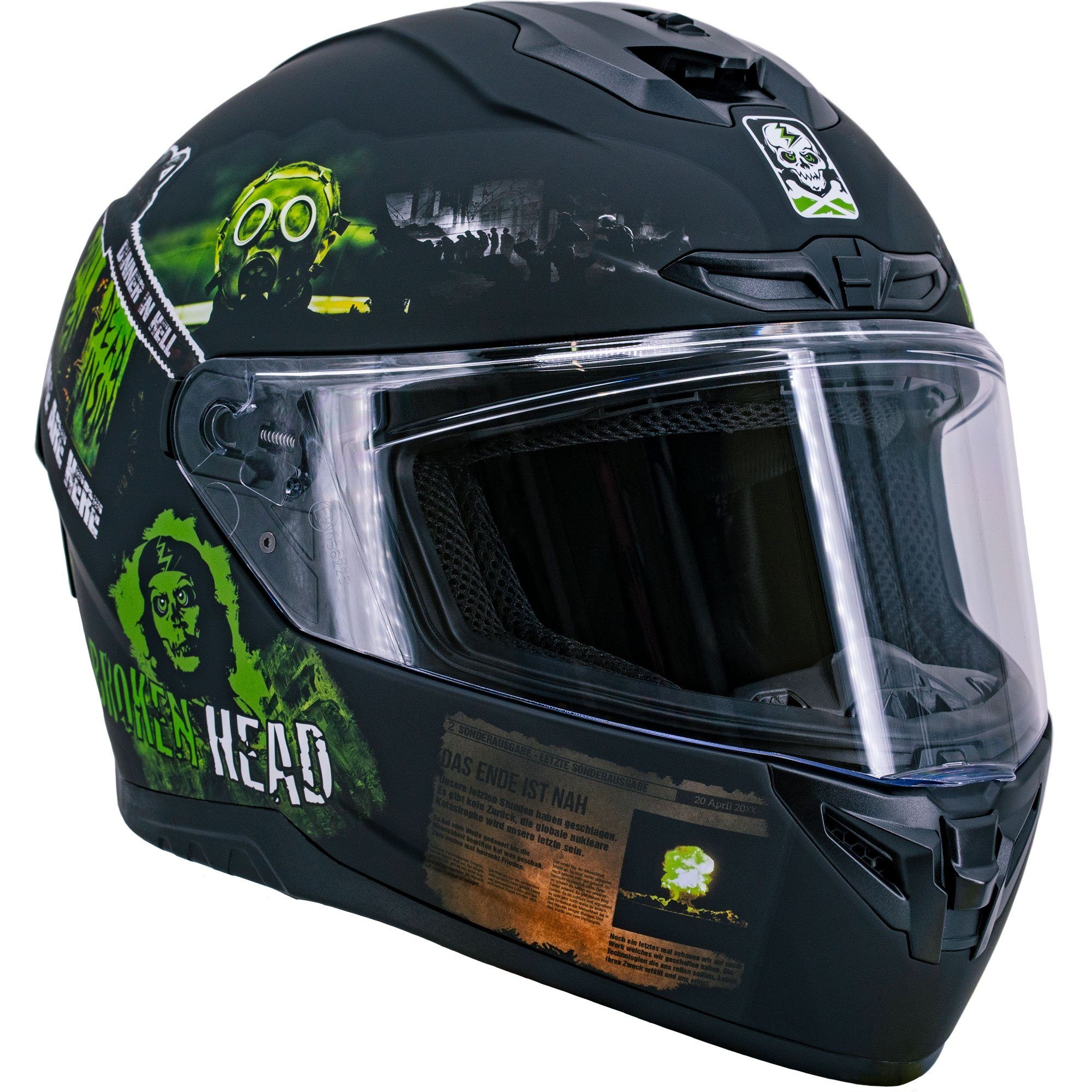 Broken Head Motorradhelm Broken Head Integralhelm Resolution Grün Set Inklusive Grün-Verspiegeltem Visier (Mit Grün verspiegeltem Visier), Mit rebellischen Motiven