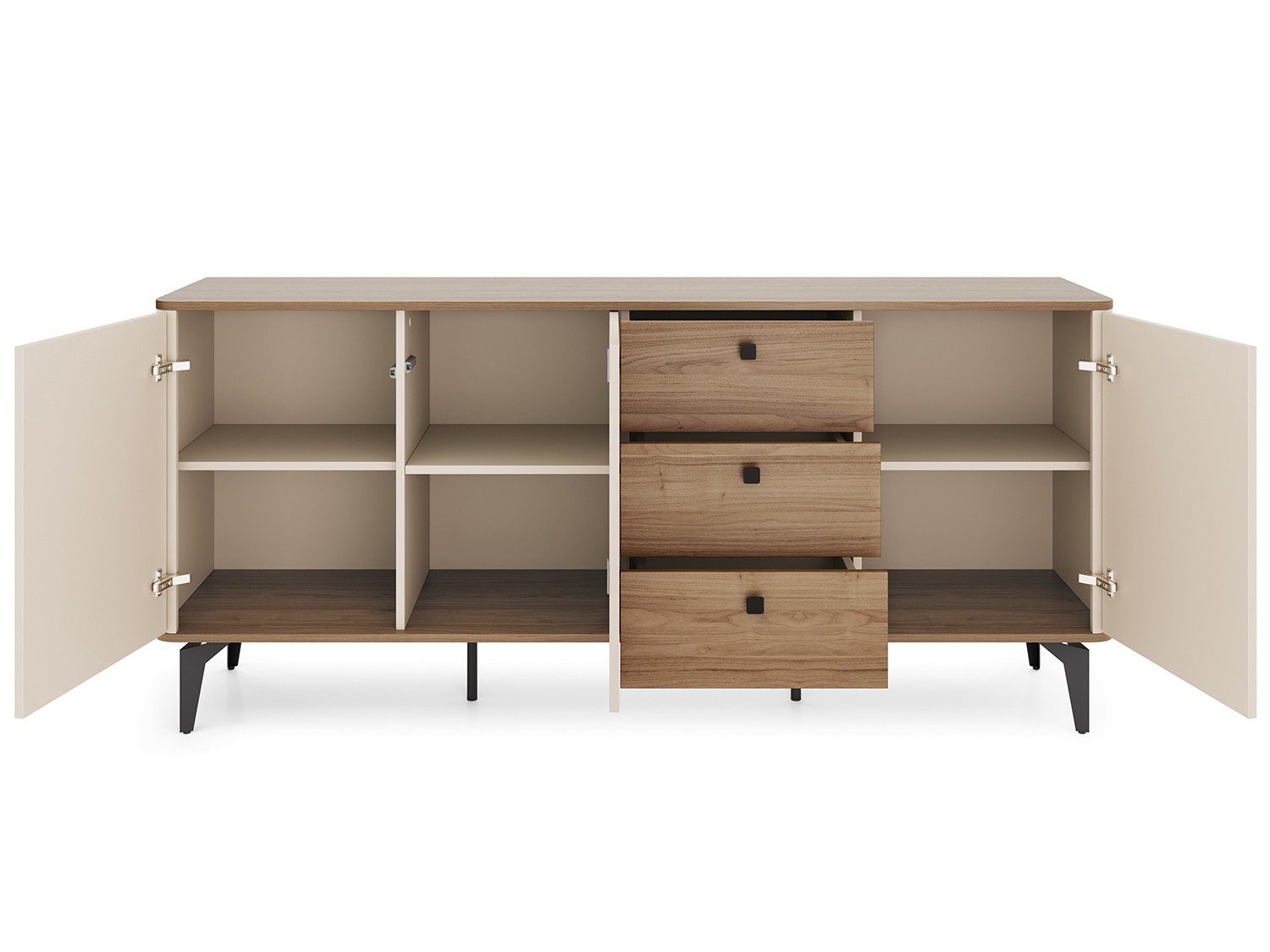 Beautysofa Kommode AURORA Sideboard mit viel Stauraum 180 cm (modernes Design mit TIP-ON, schwarze Metallbeine), Cashmere & Royal Nussbaum – Bild 3 von 5