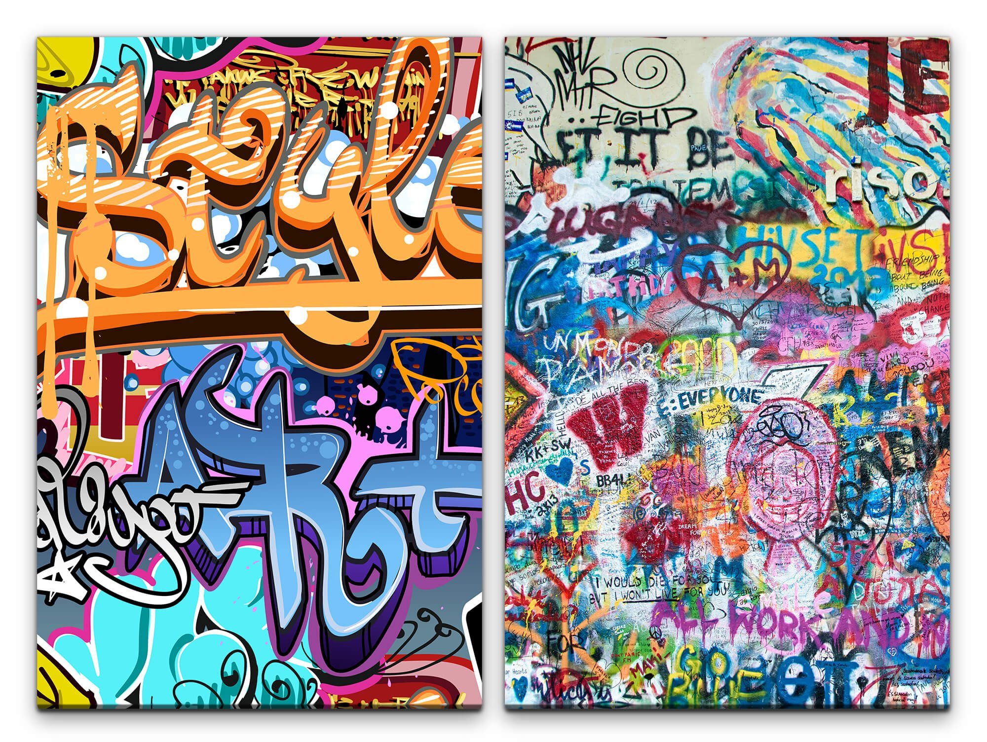 Sinus Art Leinwandbild 2 Bilder je 60x90cm Streetart Graffiti Tags Grungy Wall Jugend HipHop