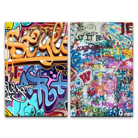 Sinus Art Leinwandbild 2 Bilder je 60x90cm Streetart Graffiti Tags Grungy Wall Jugend HipHop