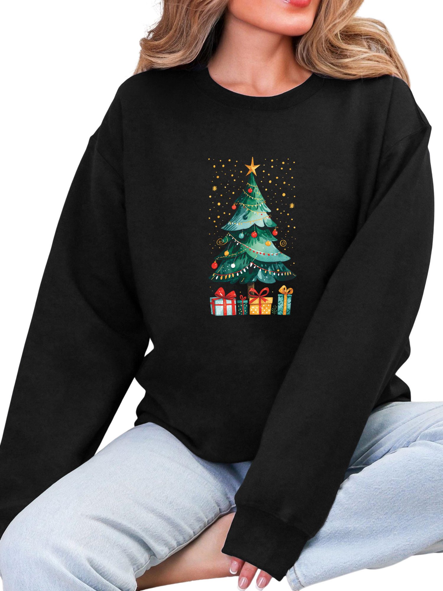 PYLIKE Fleecepullover Fleecepullover Damen,Sweatshirt mit Weihnachtsbaum Pr günstig online kaufen
