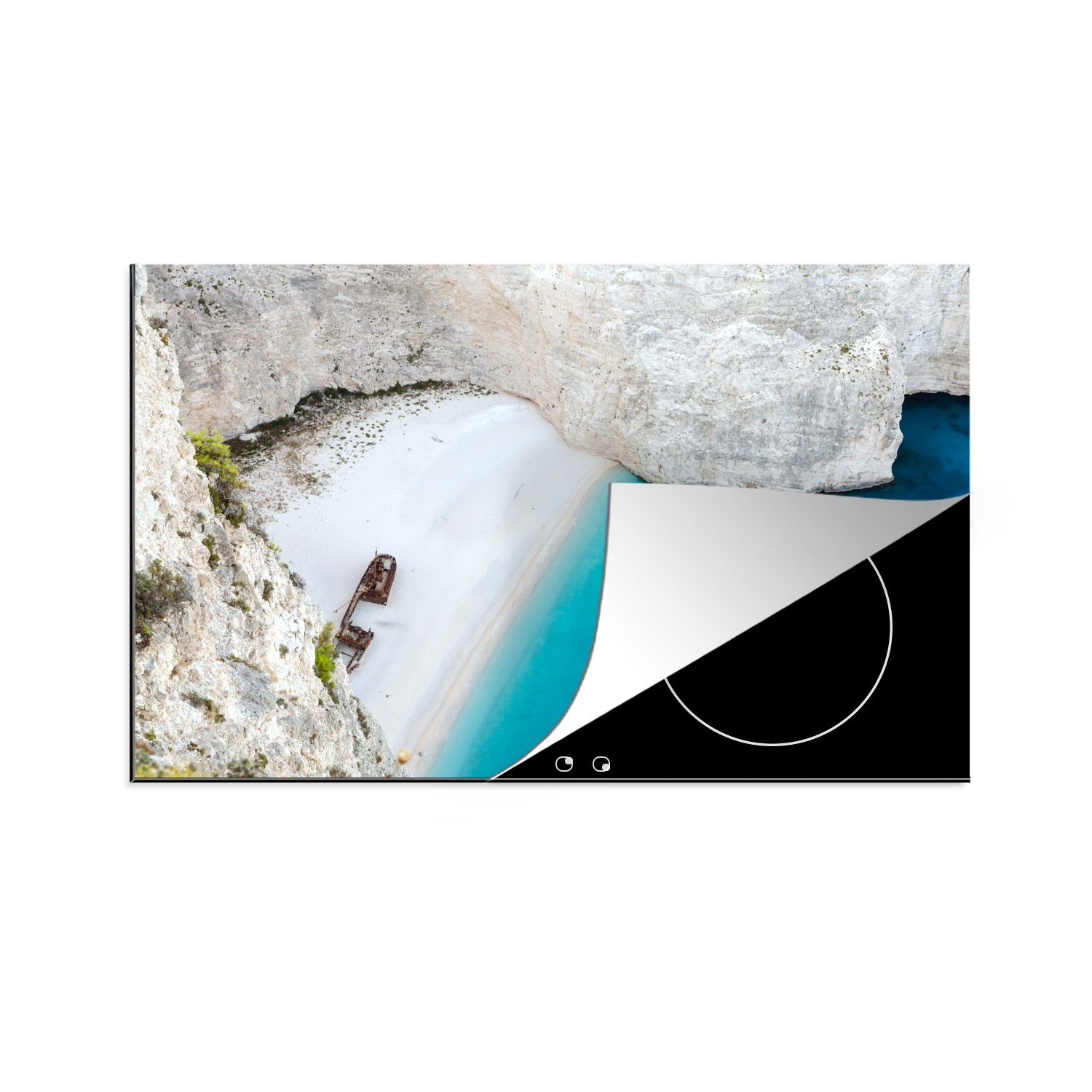 MuchoWow Herdblende-/Abdeckplatte Der weiße Strand von Navagio und das klare blaue Meer, Vinyl, (1 tlg), 81x52 cm, Induktionskochfeld Schutz für die küche, Ceranfeldabdeckung