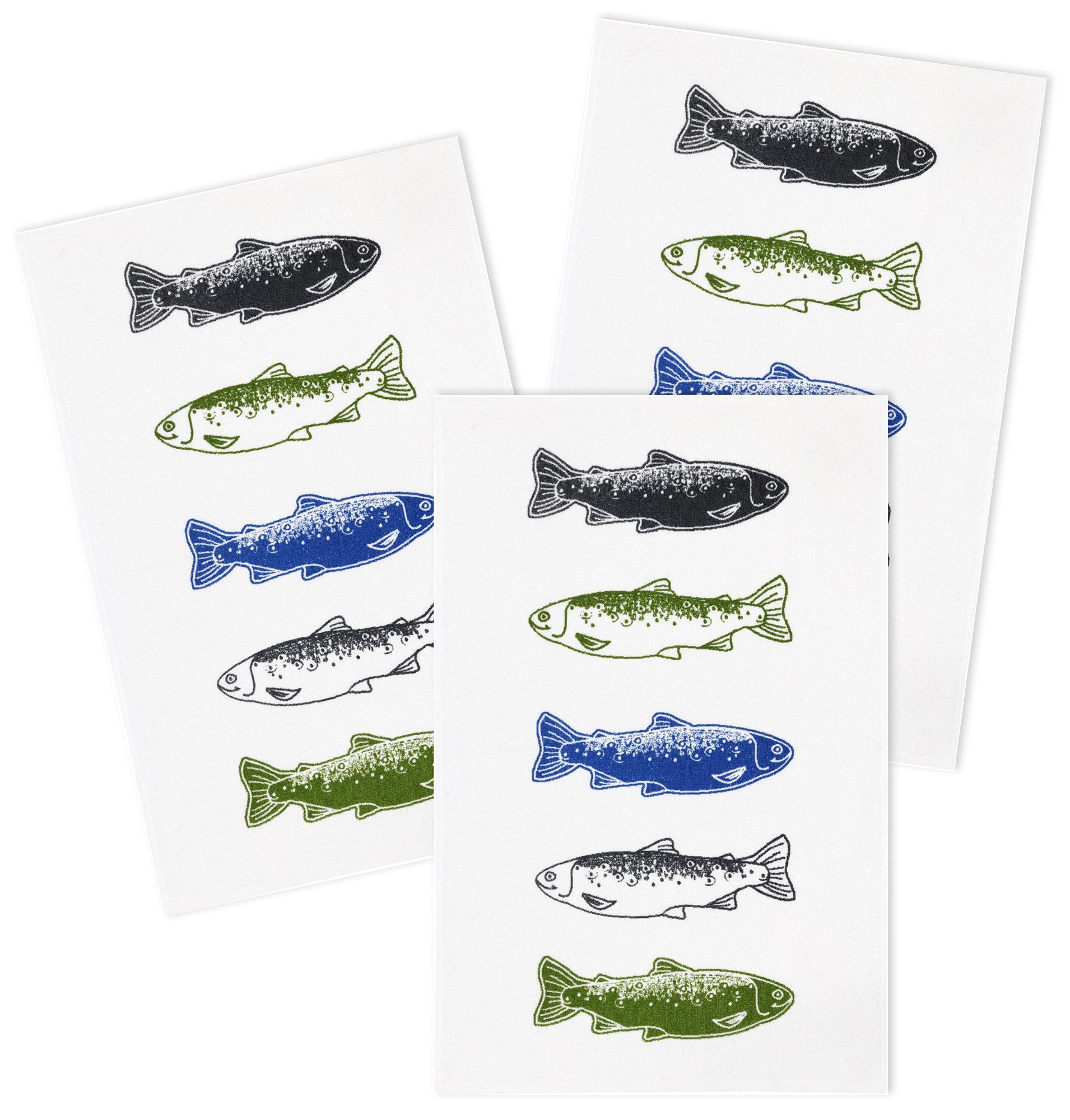 Kracht Geschirrtuch Forelle, (3-tlg., 3-teilig), 3er Pack Frottee Küchenhandtücher (3 Stück), ca. 45 x 70 cm Baumwolle