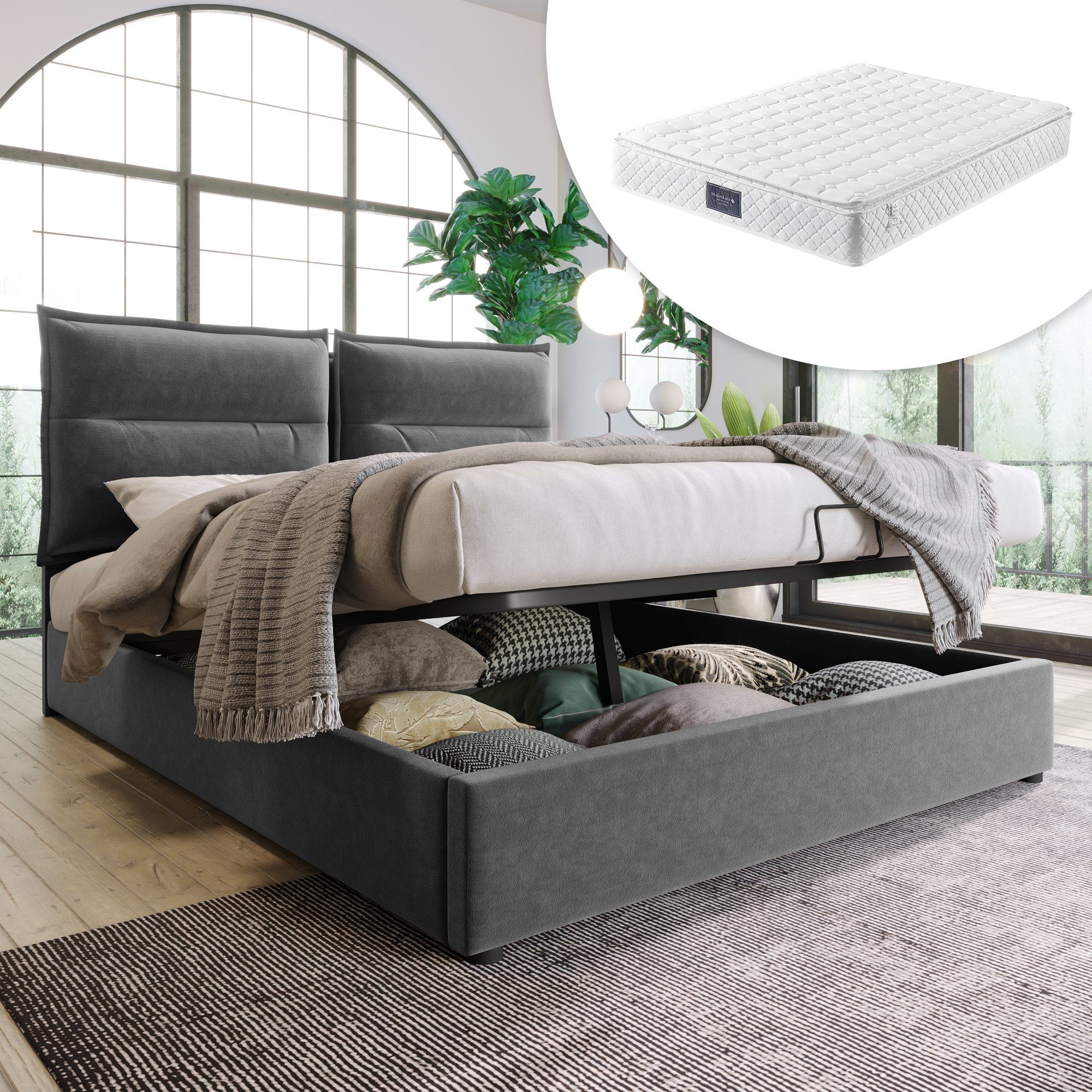 Boxspringbett (Polsterbett Doppelbett mit Lattenrost, Bettkasten und verstellbarem Kopfteil), Hydraulisches Bett Funktionsbett 140x200cm mit Federkernmatratze, Samt