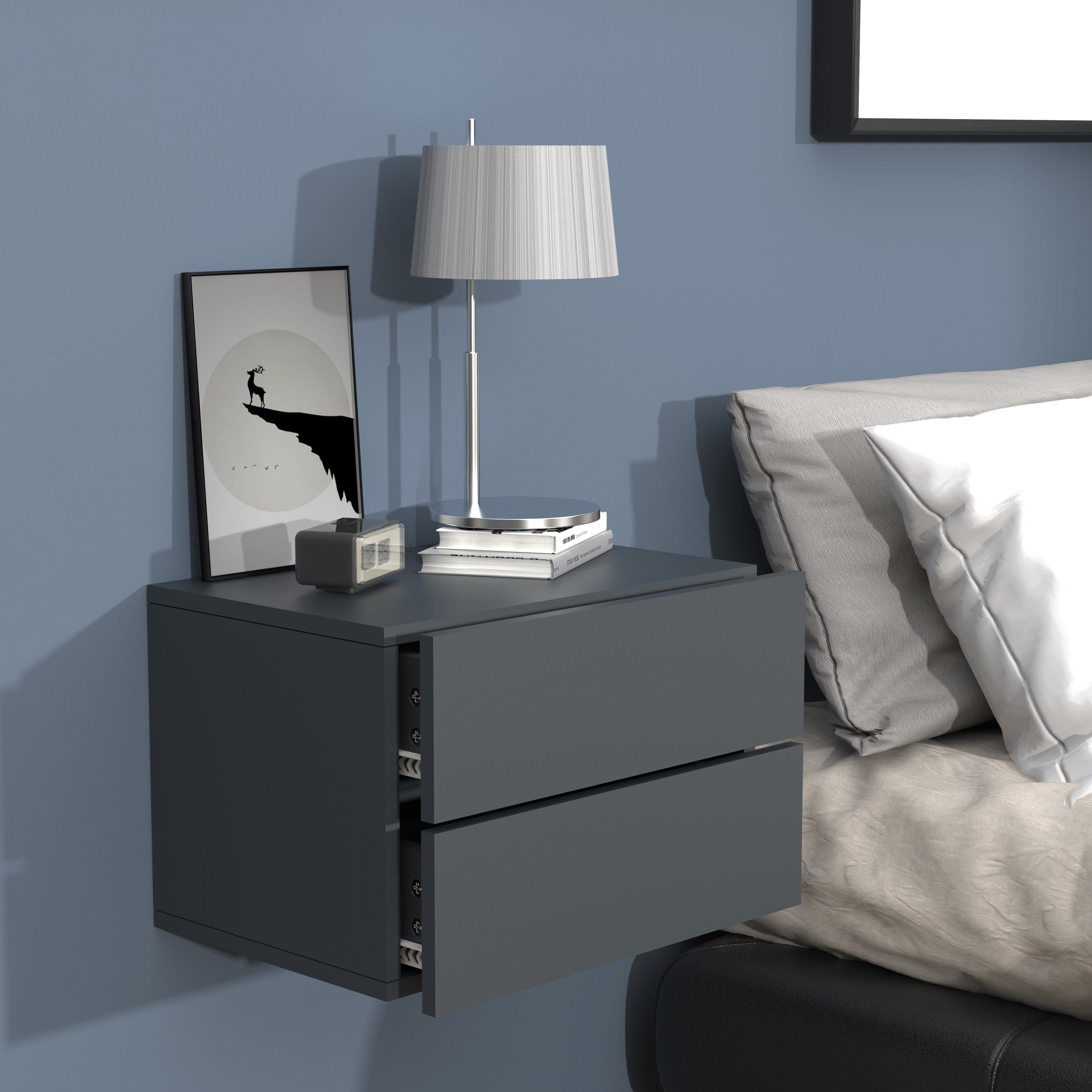 VCM Nachttisch Usal L mit 2 Schubladen B. 45 x T. 32 x H. 30 cm, Nachtkonsole, Stauraum im Schlafzimmer, Wandschublade – Bild 3 von 4
